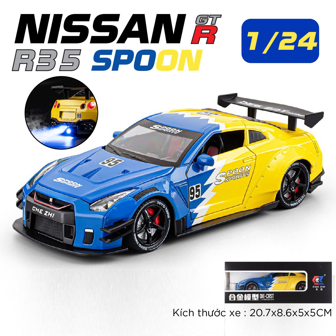  Mô hình xe Nissan GTR R35 Racing full open - phun khói - có đèn - âm thanh tỉ lệ 1:24 Chezhi 1901-412 