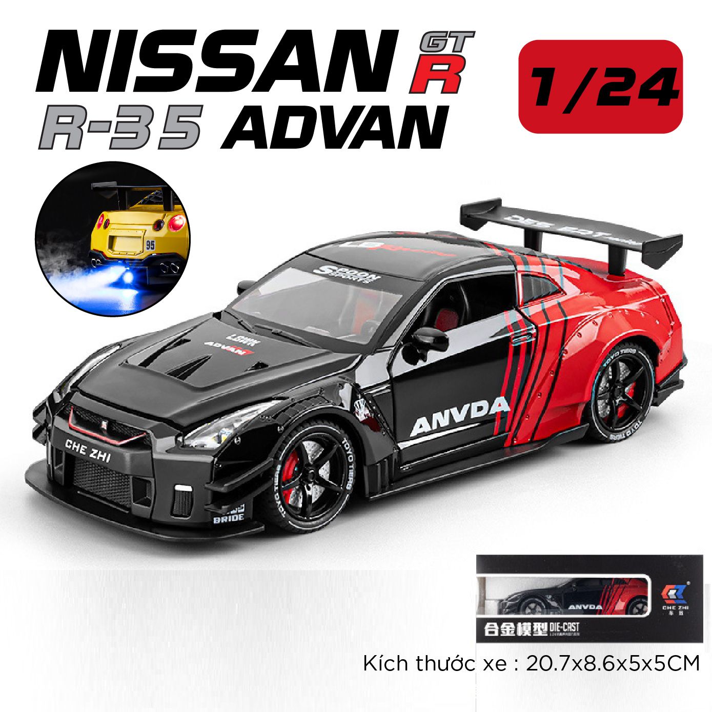  Mô hình xe Nissan GTR R35 Racing full open - phun khói - có đèn - âm thanh tỉ lệ 1:24 Chezhi 1901-412 