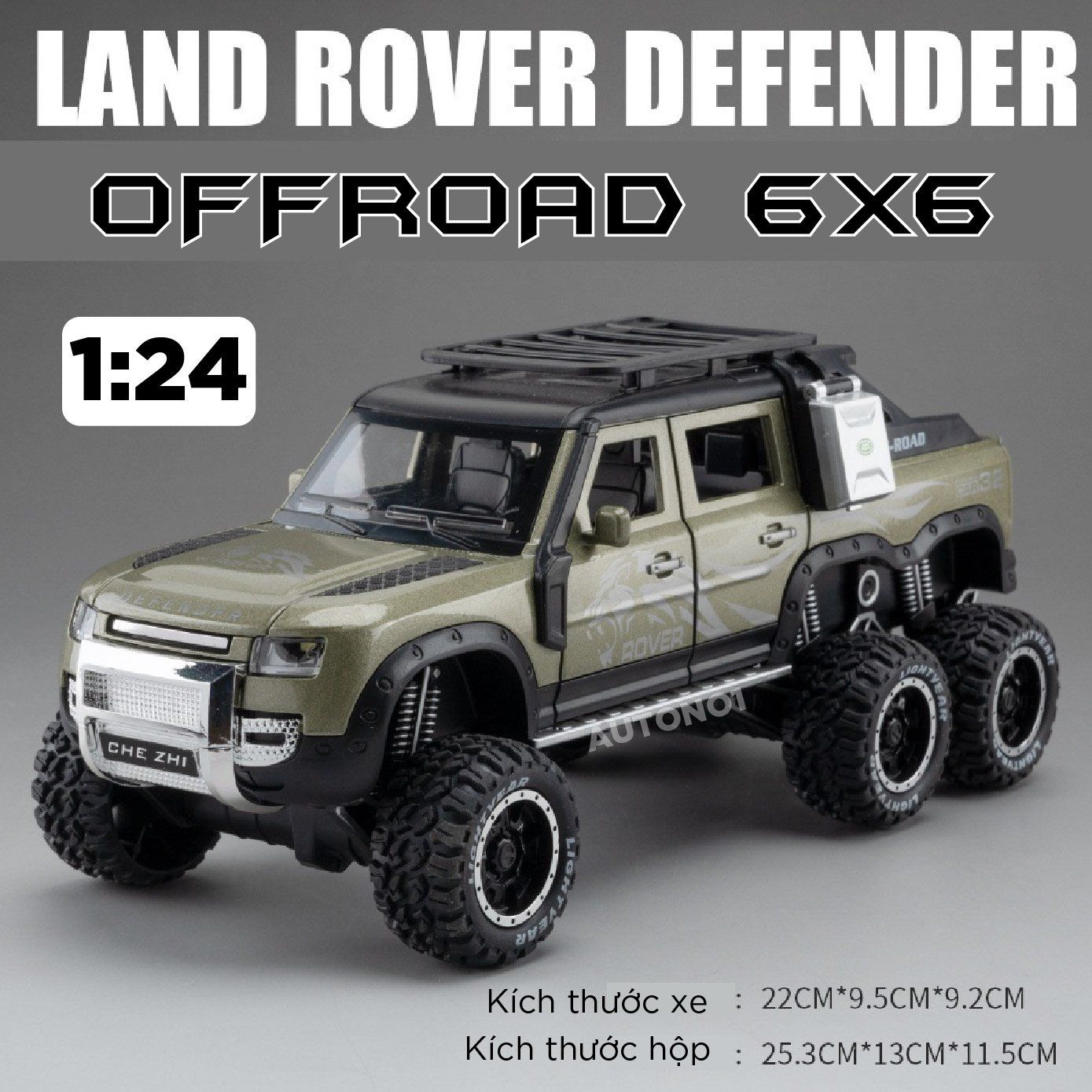 Mô hình xe Land Rover Defender 6x6 Offroad có đèn có âm thanh tỉ lệ 1:24 Chezhi OT430 