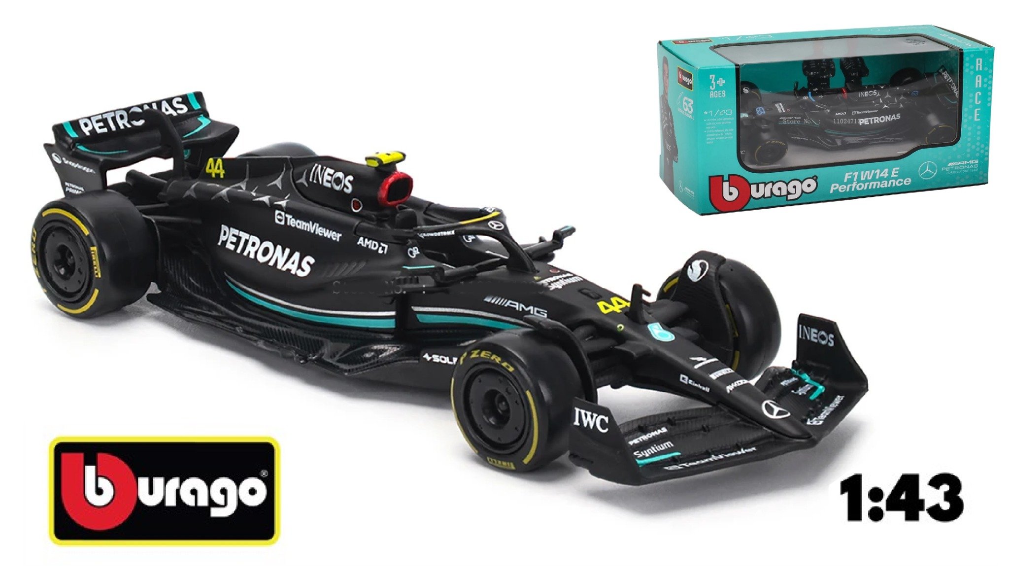  Mô hình xe đua F1 2023 Mercedes-Benz W14 #44 - #63 tỉ lệ 1:43 Bburago OT289 