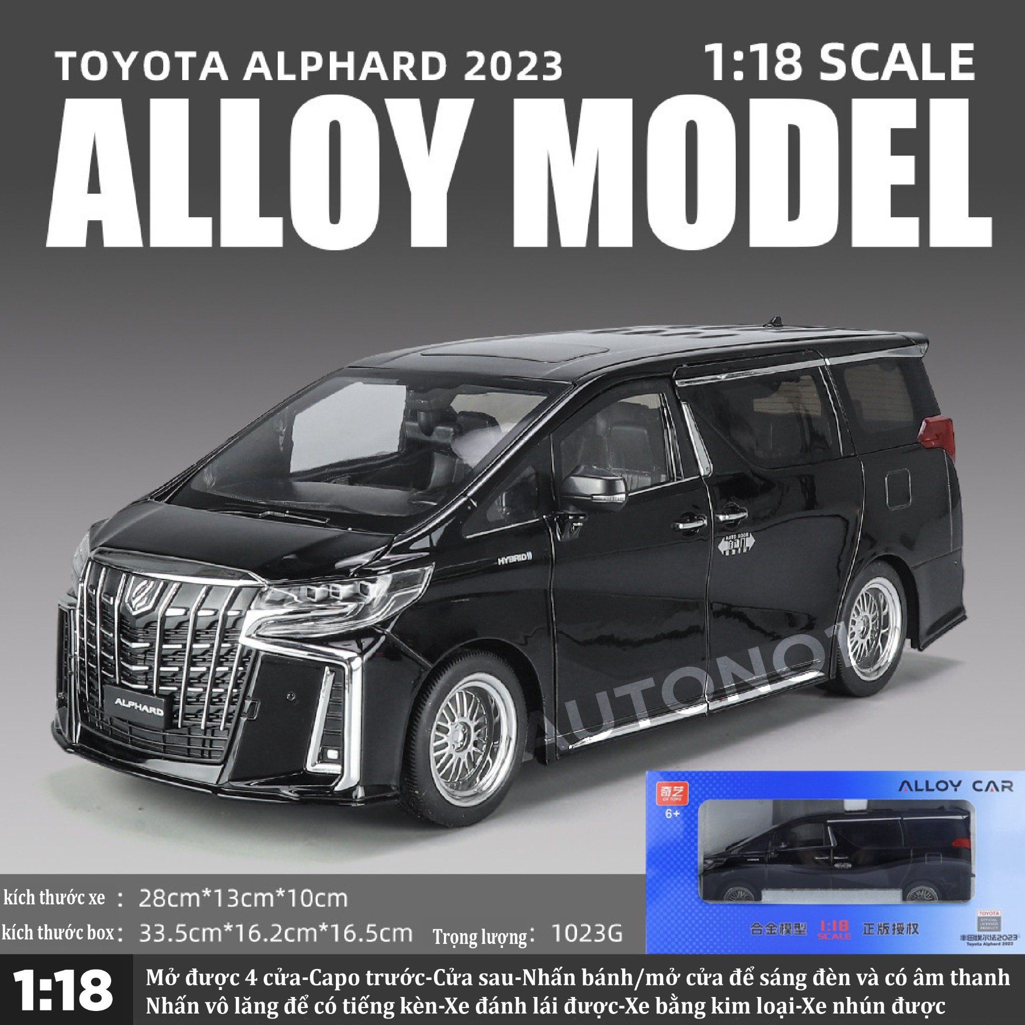  Mô hình xe Toyota Alphard 2023 full open - âm thanh - đèn cửa tự động mở tỉ lệ 1:18 Alloy model OT377 