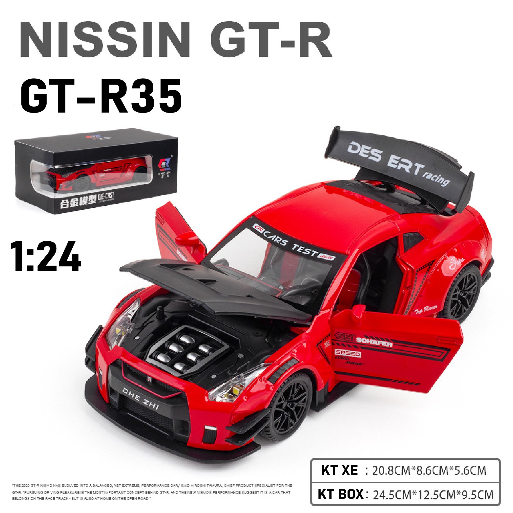  Mô hình xe Nissan Gt R35 full open có đèn - âm thanh tỉ lệ 1:24 Chezhi OT449 