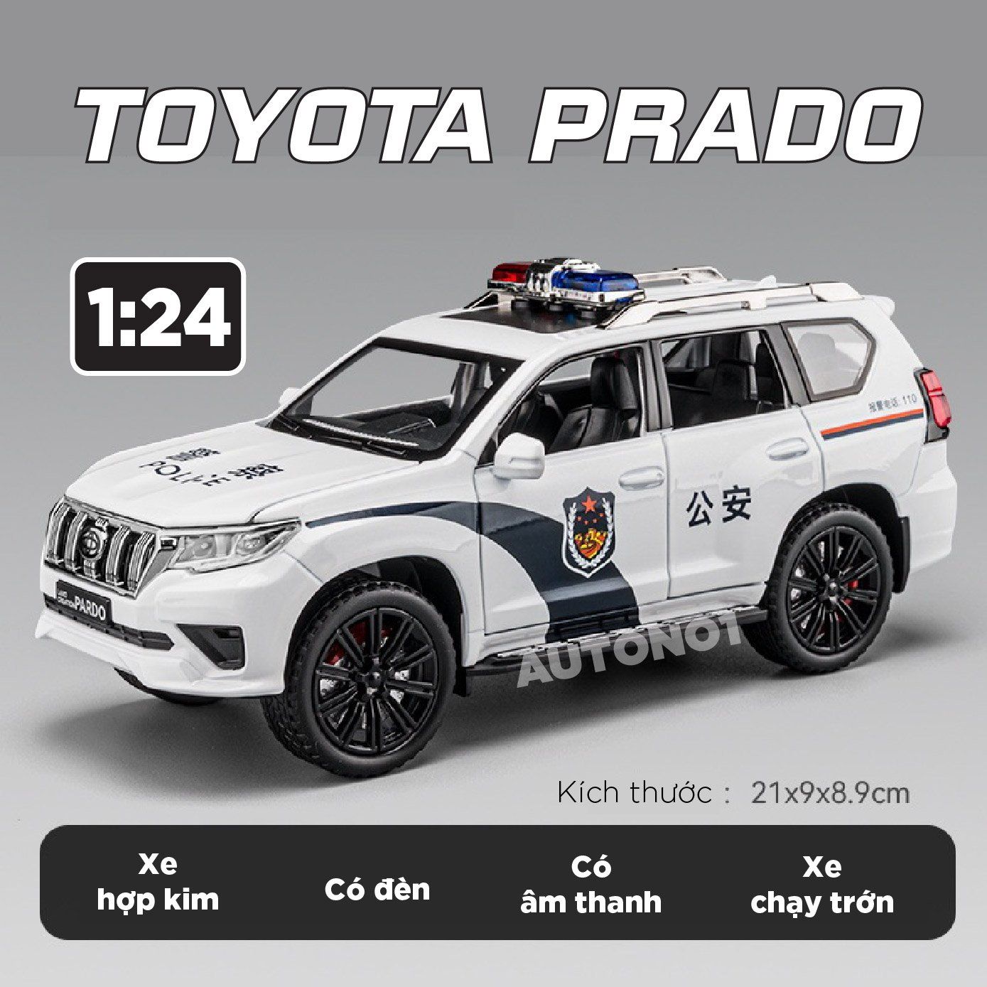  Mô hình xe Toyota Prado police có đèn có âm thanh tỉ lệ 1:24 Alloy OT429 