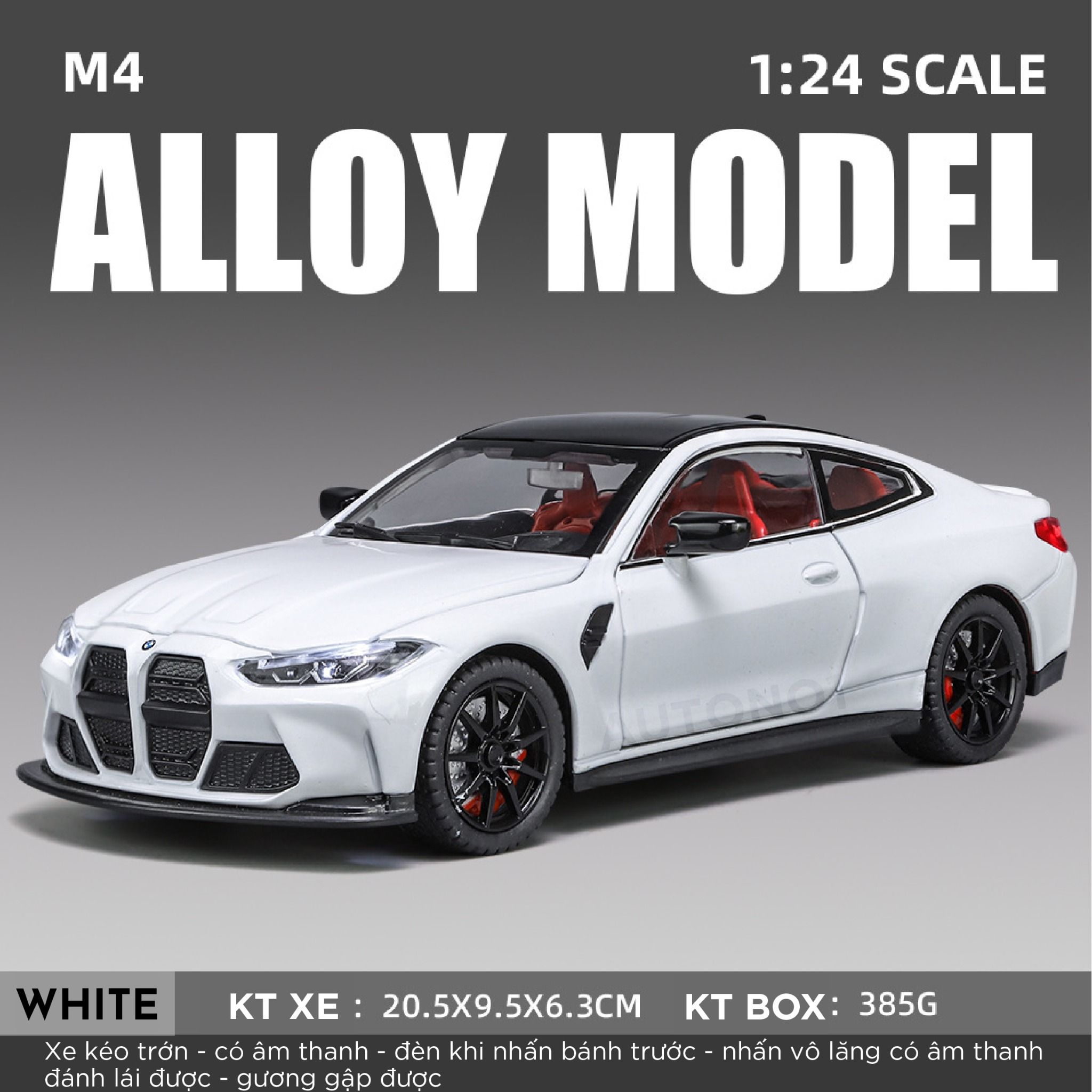  Mô hình xe BMW M4 2024 full open - đánh lái - có đèn - âm thanh full kính tỉ lệ 1:24 Alloy model OT573 