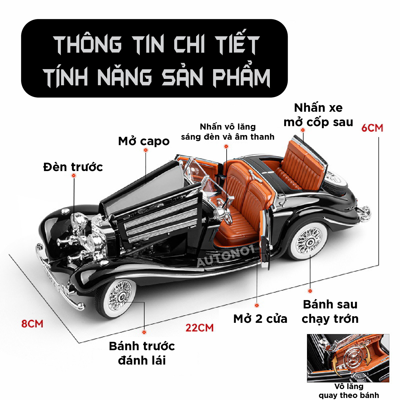  Mô hình xe ô tô Mercedes- Benz 500K tỉ lệ 1:24 Chezhi OT552 