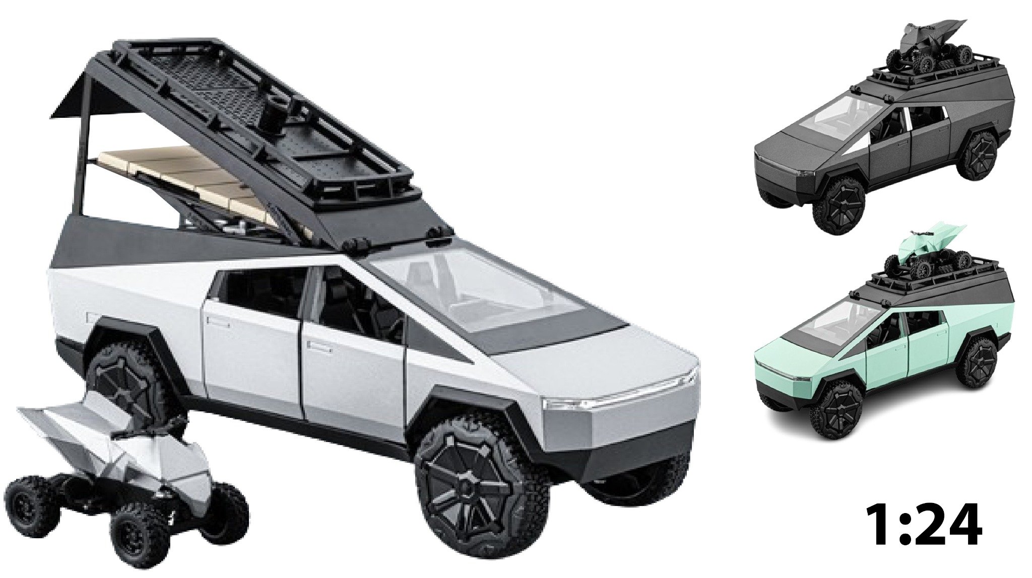  Mô hình xe ô tô điện Tesla Cypertrunk có xe nhỏ đi kèm - full open - đánh lái được - có đèn và âm thanh tỉ lệ 1:24 Chezhi CZ24452 