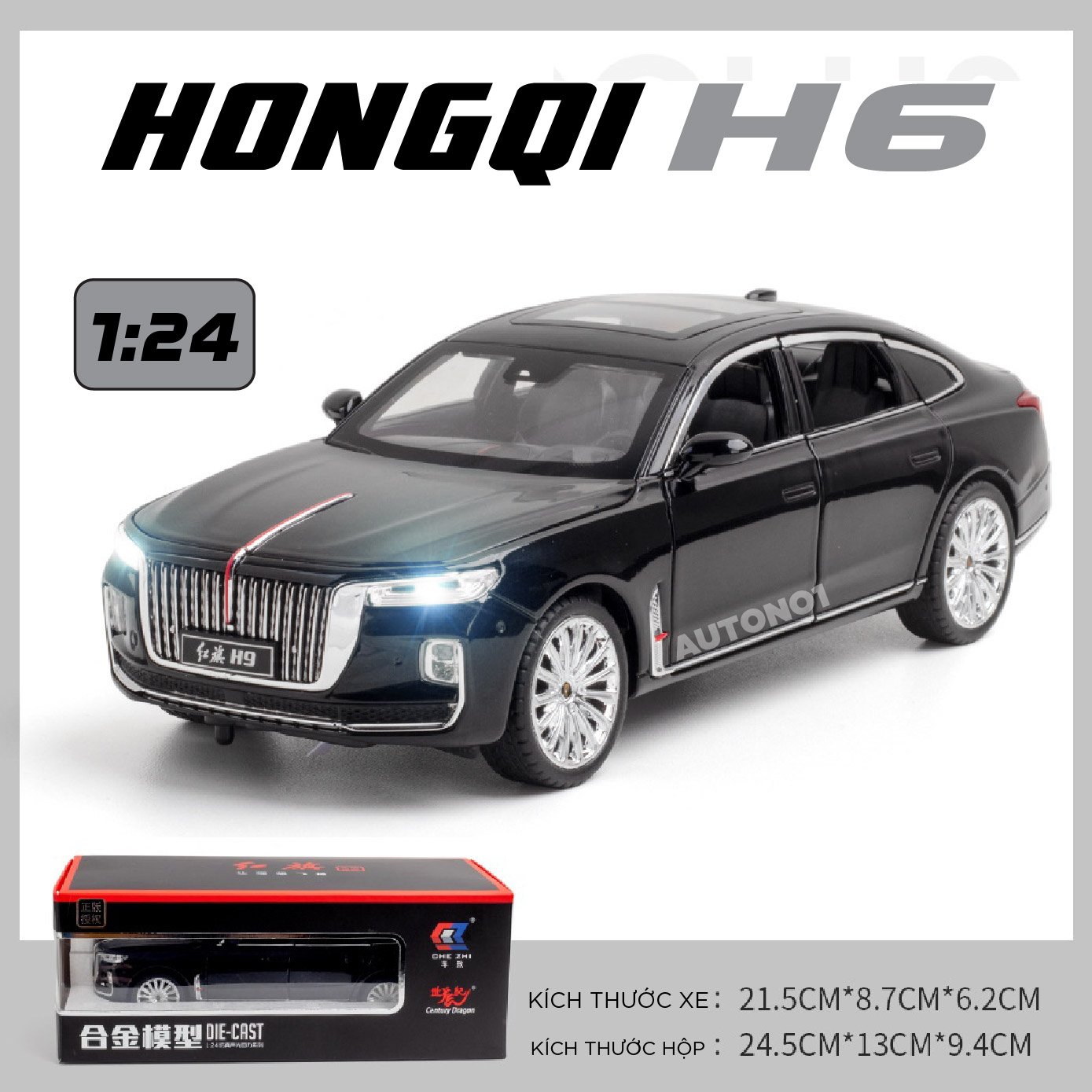  Mô hình xe Hongqi\Hồng Kỳ H9 full open có đèn có âm thanh tỉ lệ 1:24 Chezhi OT436 