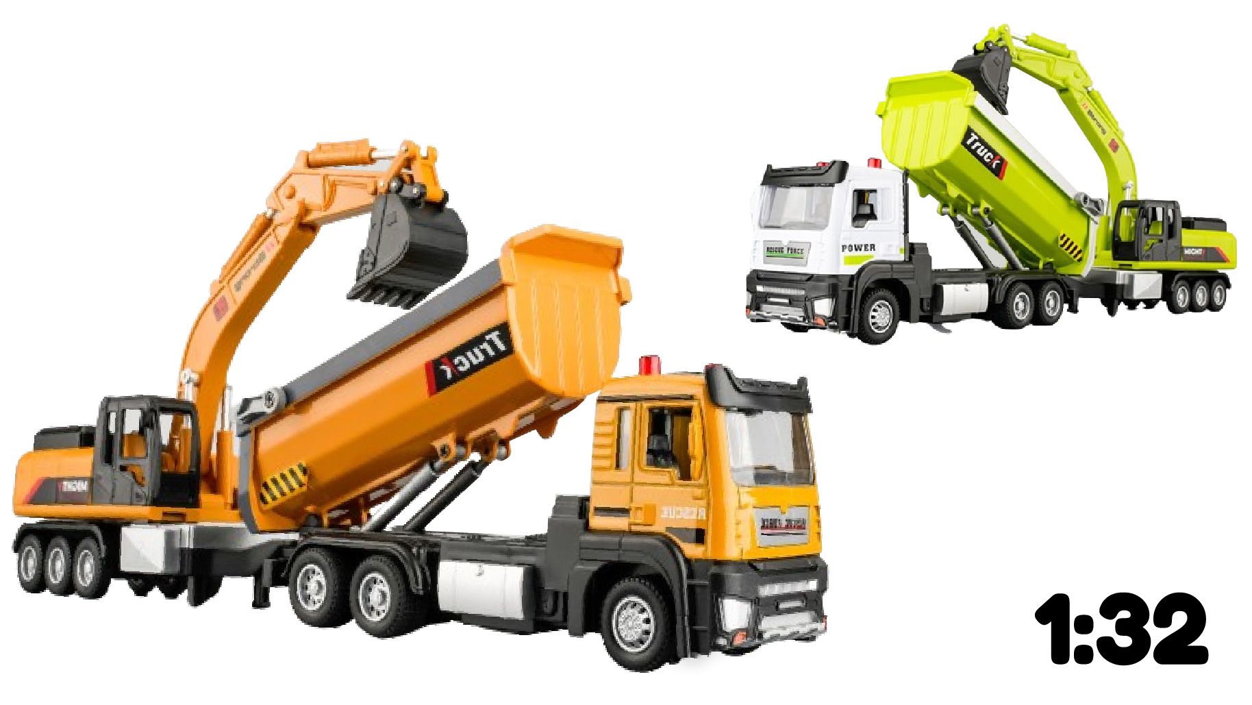  Bộ mô hình xe công trình 2 chiếc gồm xe ben chở đá và xe xúc đất 6 bánh có âm thanh - đèn tỉ lệ 1:32 Ty model OT484 