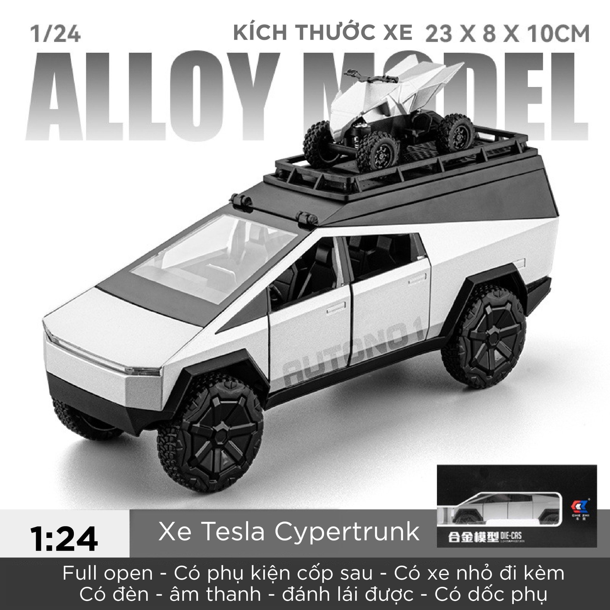  Mô hình xe ô tô điện Tesla Cypertrunk có xe nhỏ đi kèm - full open - đánh lái được - có đèn và âm thanh tỉ lệ 1:24 Chezhi CZ24452 