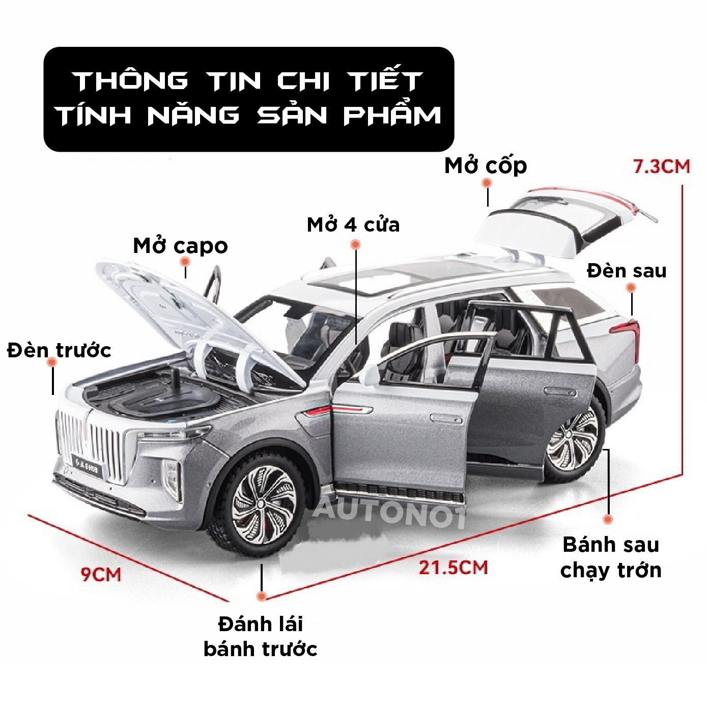  Mô hình xe Hongqi\Hồng Kỳ E-HS9 full open có đèn có âm thanh tỉ lệ 1:24 Chezhi OT439 