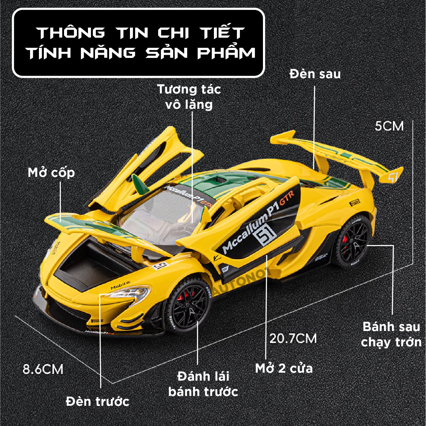  Mô hình xe McLaren P1 GTR full open - có âm thanh - có đèn tỉ lệ 1:22 Jiaye Model OT454 