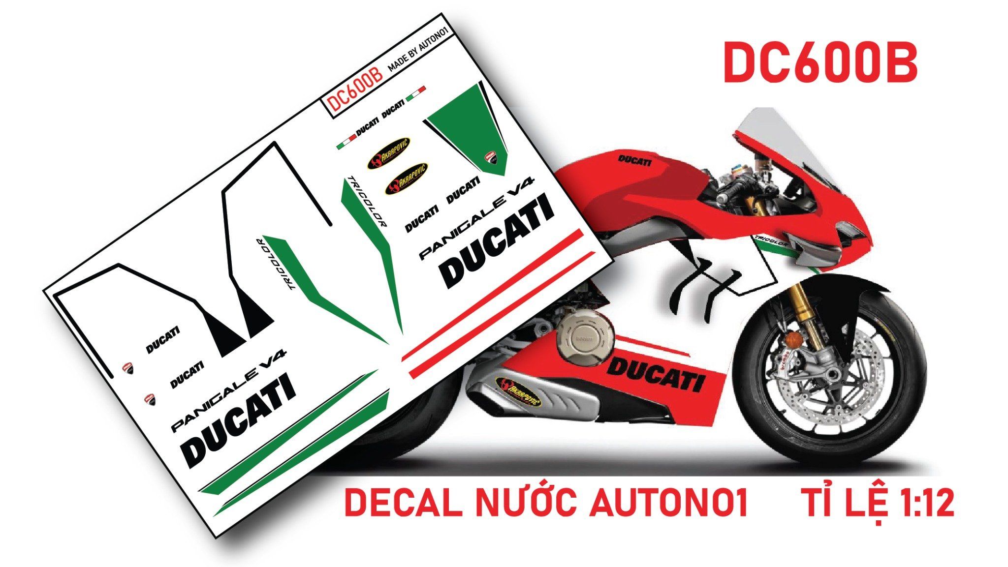  Decal nước độ Ducati V4 Tricolor dán cho mọi nền màu tỉ lệ 1:12 Autono1 DC600B 