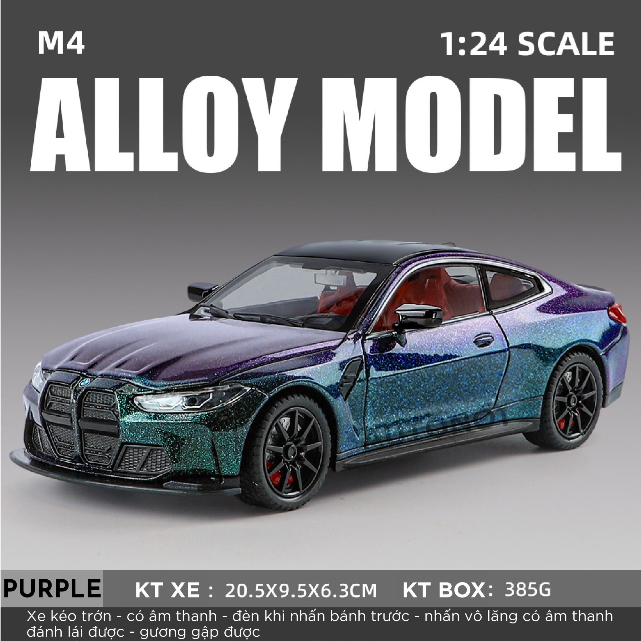  Mô hình xe BMW M4 2024 full open - đánh lái - có đèn - âm thanh full kính tỉ lệ 1:24 Alloy model OT573 
