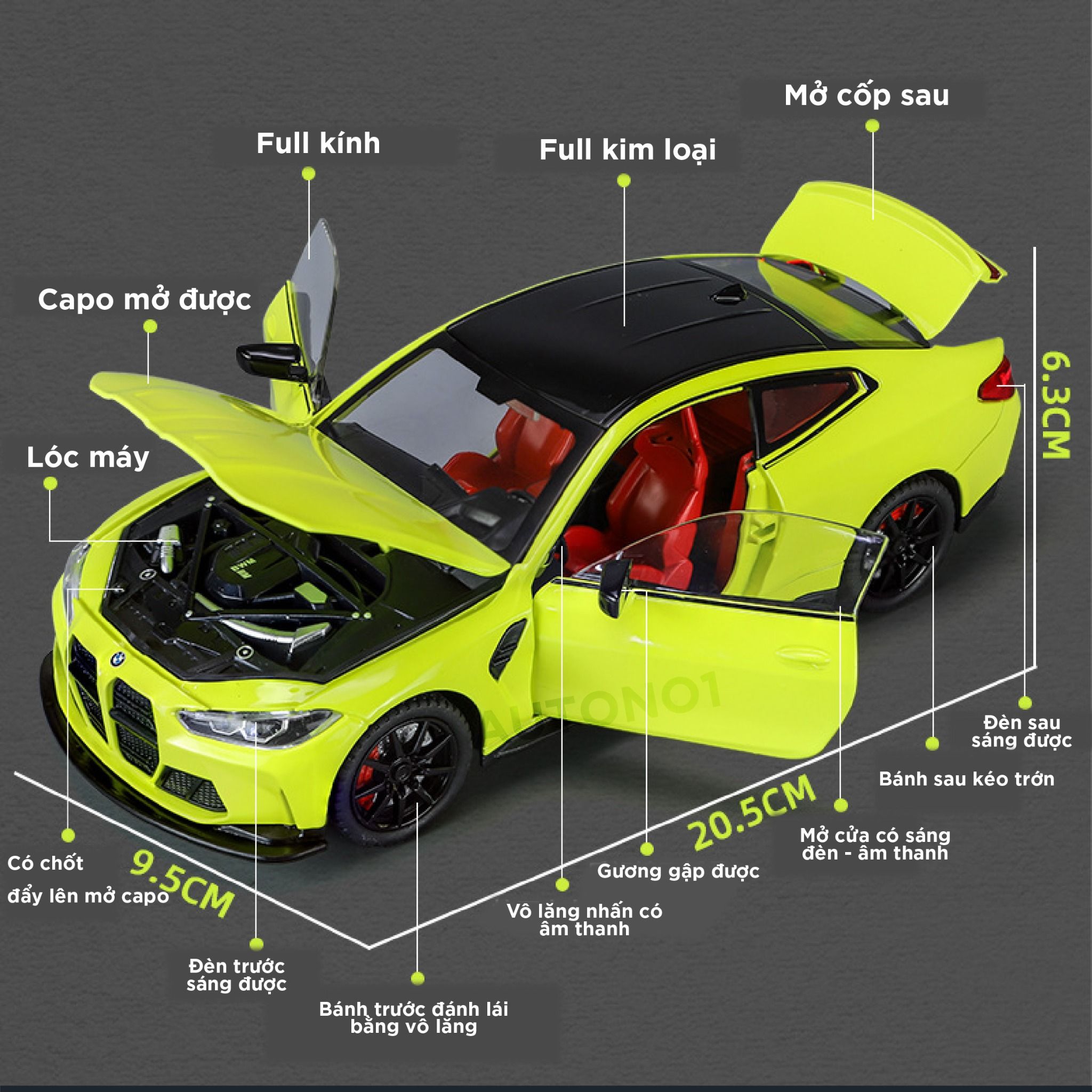  Mô hình xe BMW M4 2024 full open - đánh lái - có đèn - âm thanh full kính tỉ lệ 1:24 Alloy model OT573 