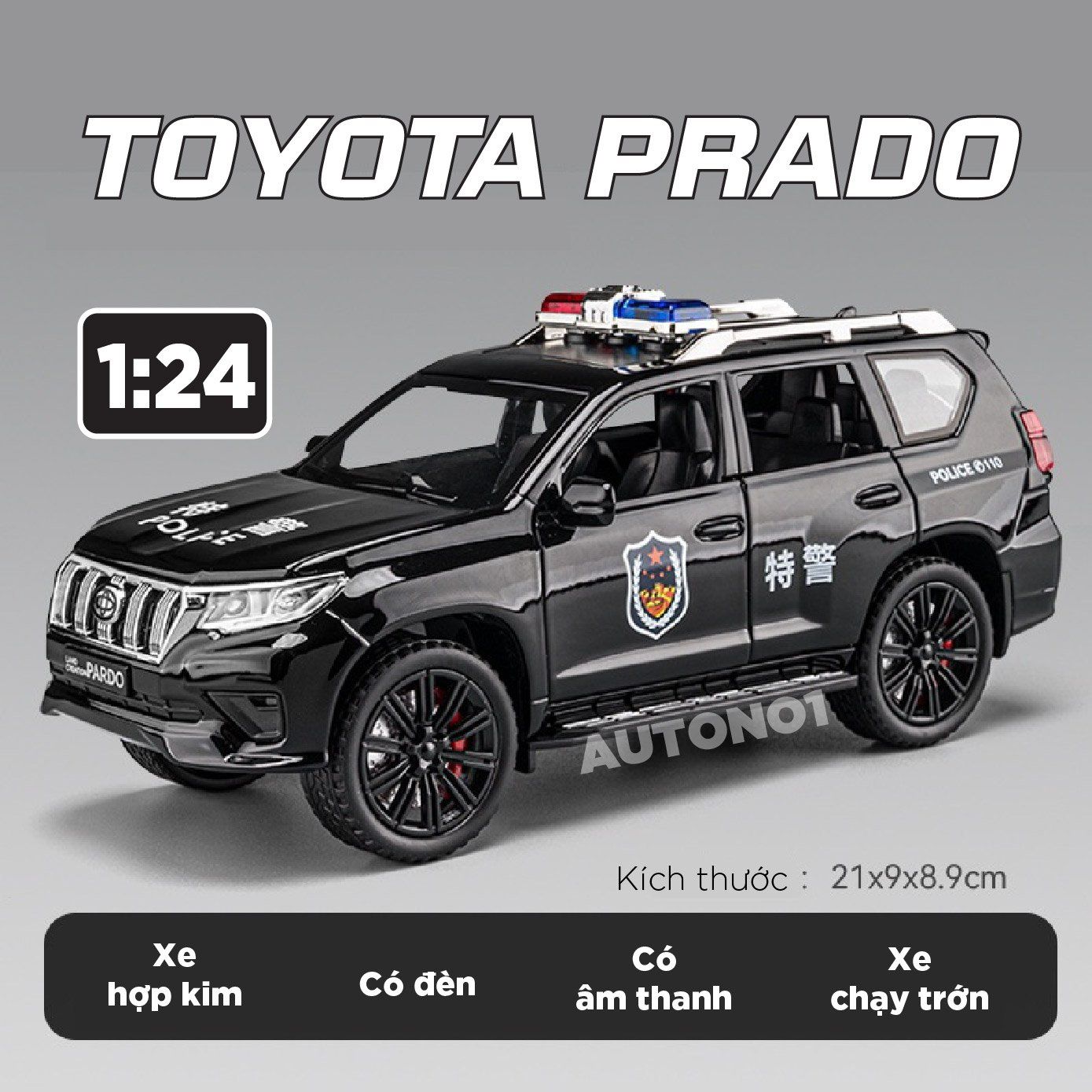  Mô hình xe Toyota Prado police có đèn có âm thanh tỉ lệ 1:24 Alloy OT429 