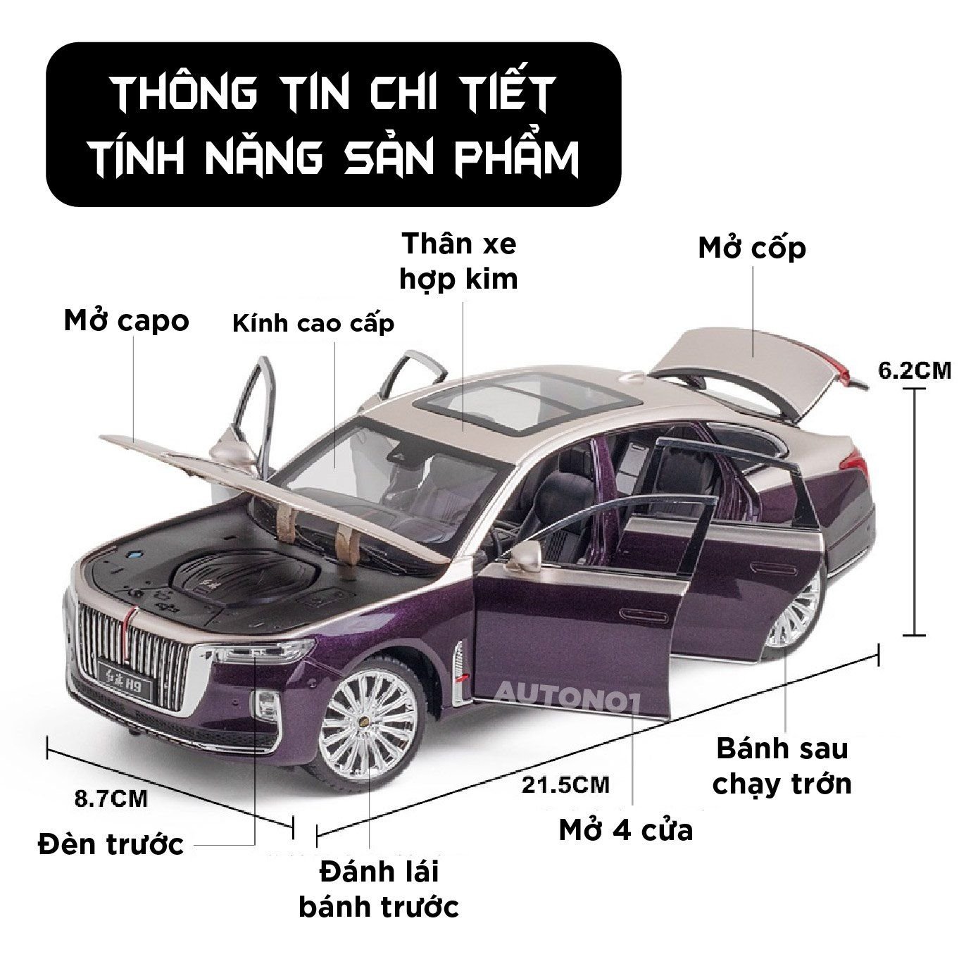  Mô hình xe Hongqi\Hồng Kỳ H9 full open có đèn có âm thanh tỉ lệ 1:24 Chezhi OT436 