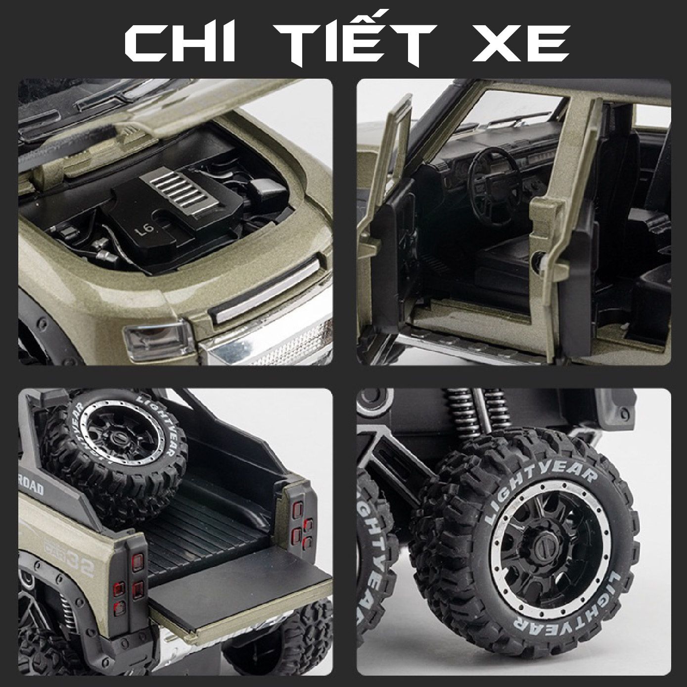  Mô hình xe Land Rover Defender 6x6 Offroad có đèn có âm thanh tỉ lệ 1:24 Chezhi OT430 