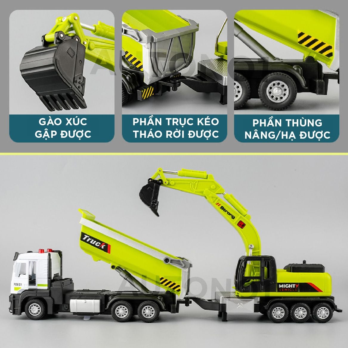  Bộ mô hình xe công trình 2 chiếc gồm xe ben chở đá và xe xúc đất 6 bánh có âm thanh - đèn tỉ lệ 1:32 Ty model OT484 