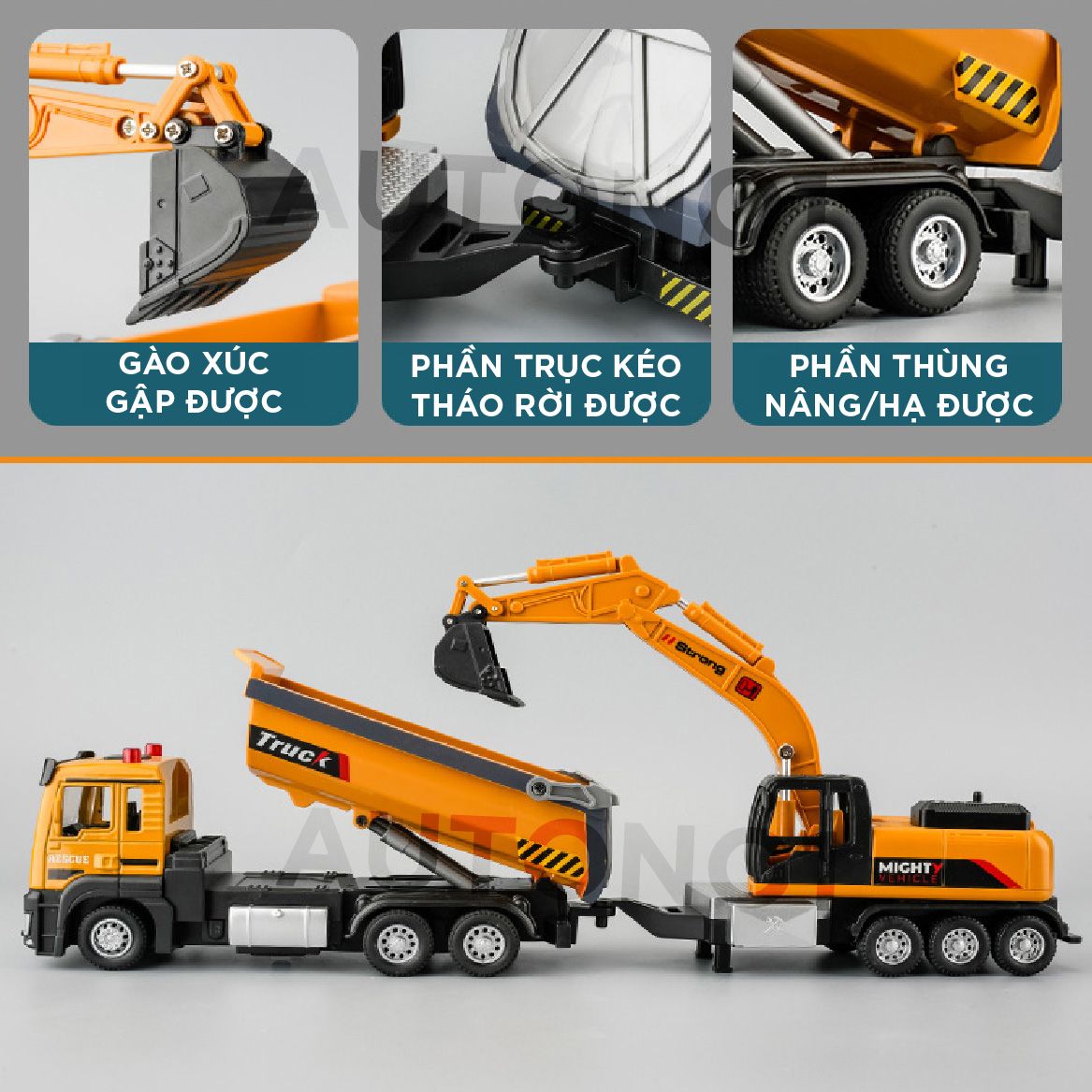  Bộ mô hình xe công trình 2 chiếc gồm xe ben chở đá và xe xúc đất 6 bánh có âm thanh - đèn tỉ lệ 1:32 Ty model OT484 