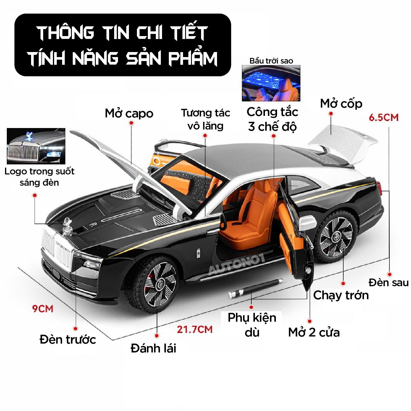  Mô hình xe Rolls Royce Spectre full open - có đèn - âm thanh tỉ lệ 1:24 Chezhi OT533 