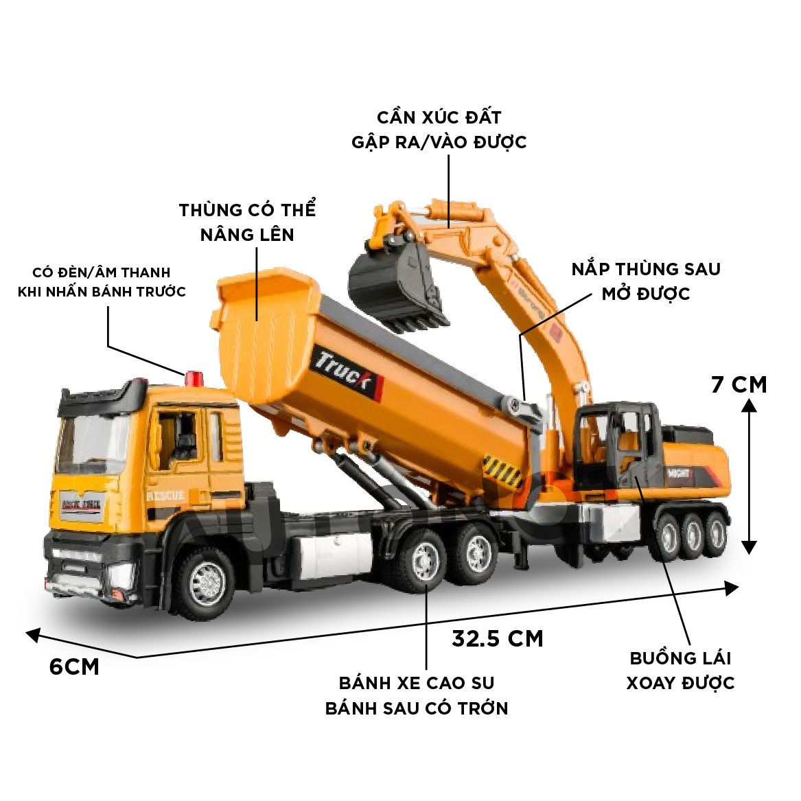  Bộ mô hình xe công trình 2 chiếc gồm xe ben chở đá và xe xúc đất 6 bánh có âm thanh - đèn tỉ lệ 1:32 Ty model OT484 