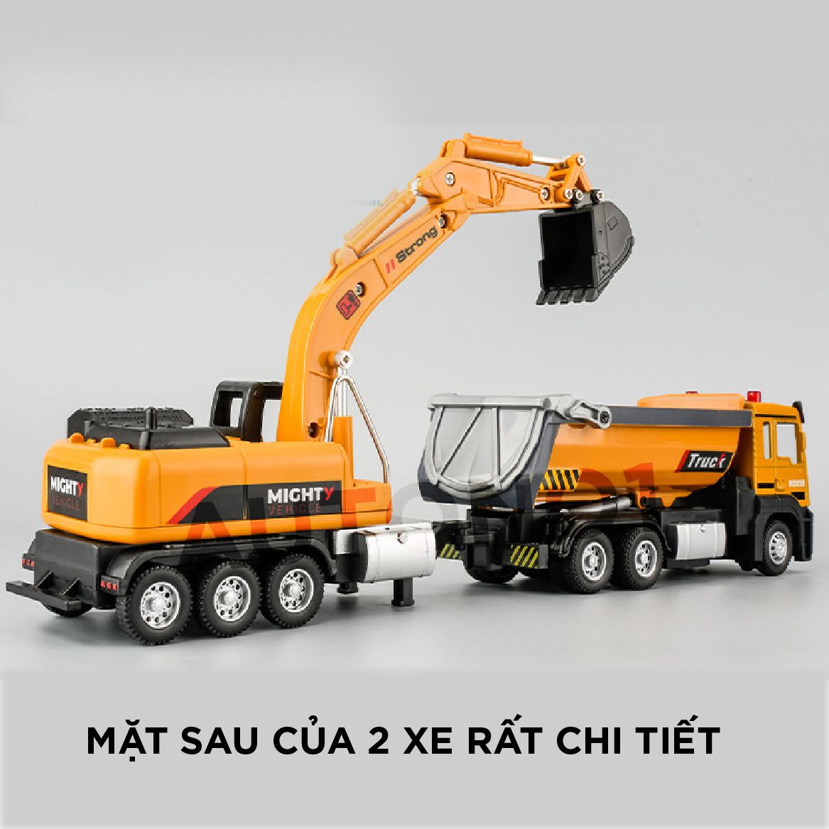  Bộ mô hình xe công trình 2 chiếc gồm xe ben chở đá và xe xúc đất 6 bánh có âm thanh - đèn tỉ lệ 1:32 Ty model OT484 