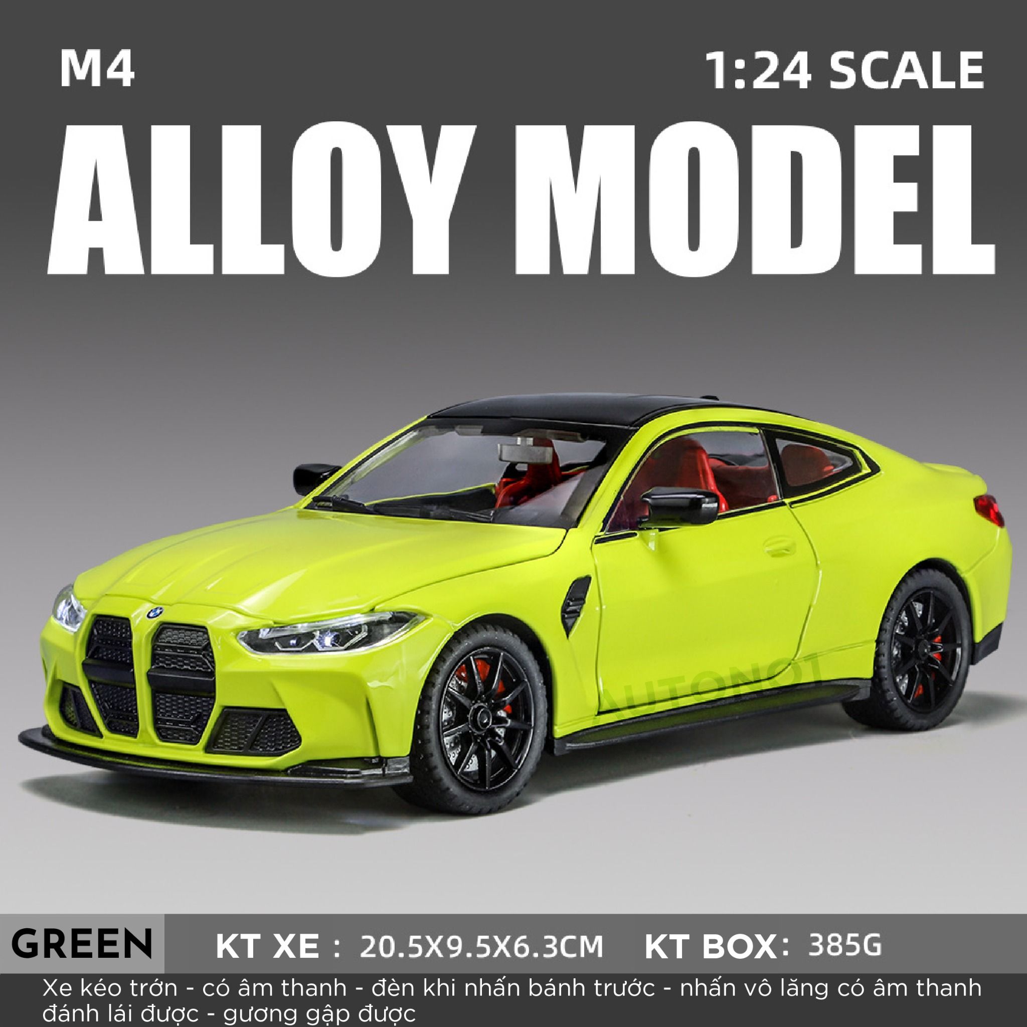  Mô hình xe BMW M4 2024 full open - đánh lái - có đèn - âm thanh full kính tỉ lệ 1:24 Alloy model OT573 
