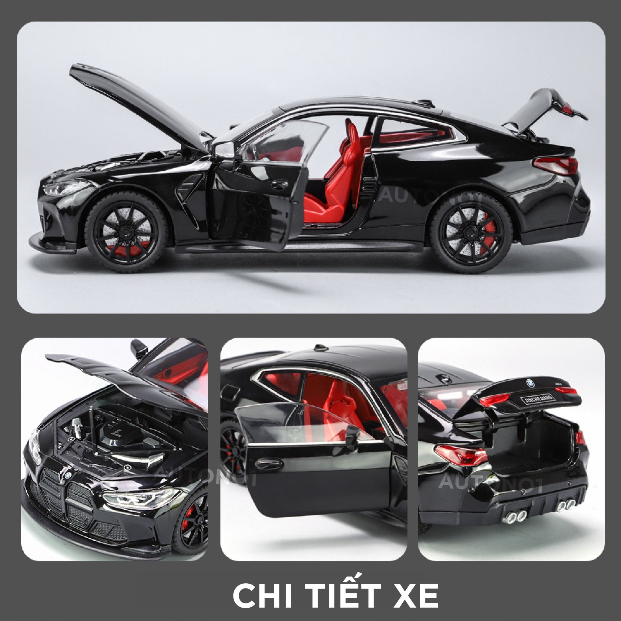  Mô hình xe BMW M4 2024 full open - đánh lái - có đèn - âm thanh full kính tỉ lệ 1:24 Alloy model OT573 
