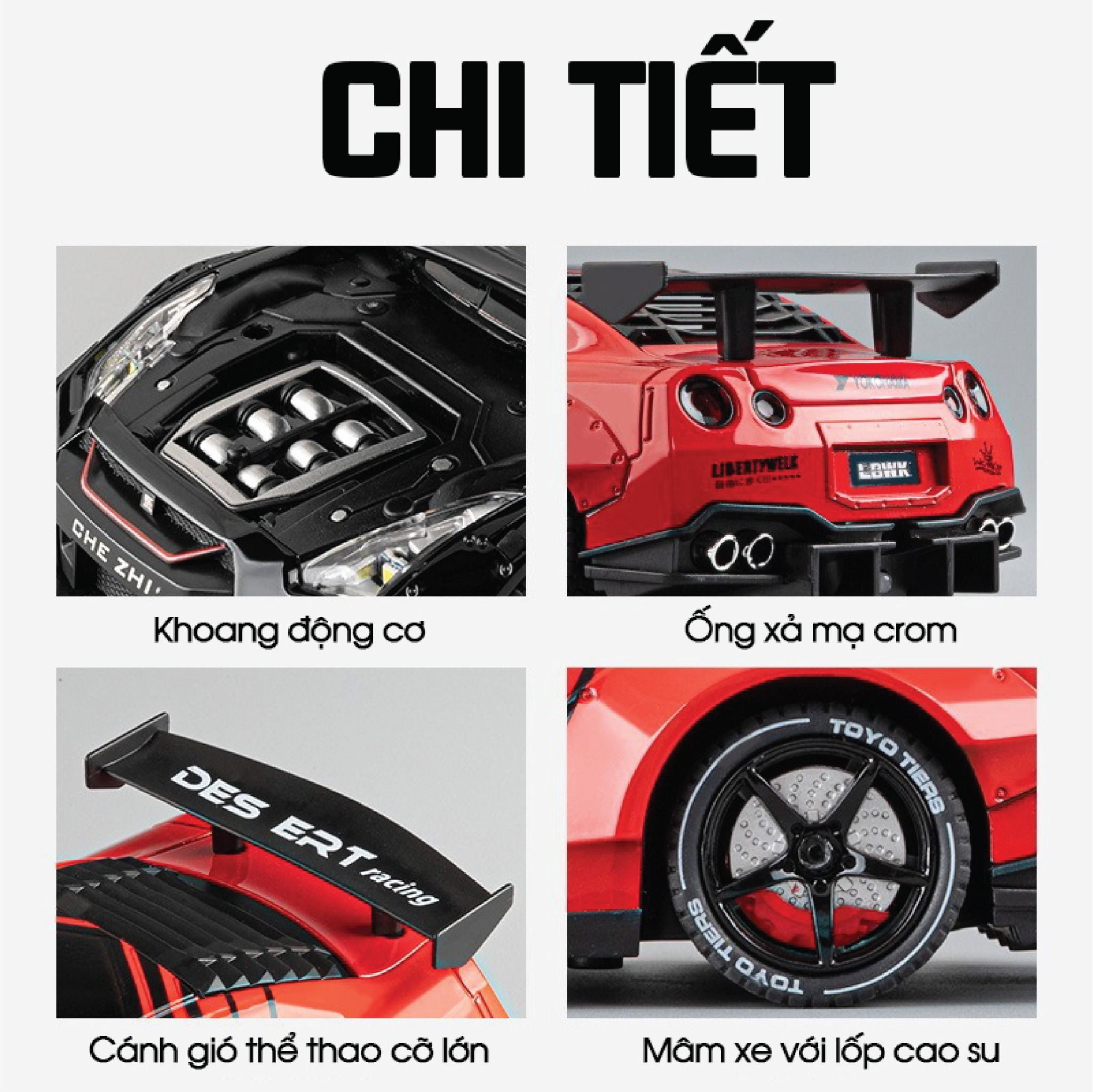  Mô hình xe Nissan GTR R35 Racing full open - phun khói - có đèn - âm thanh tỉ lệ 1:24 Chezhi 1901-412 