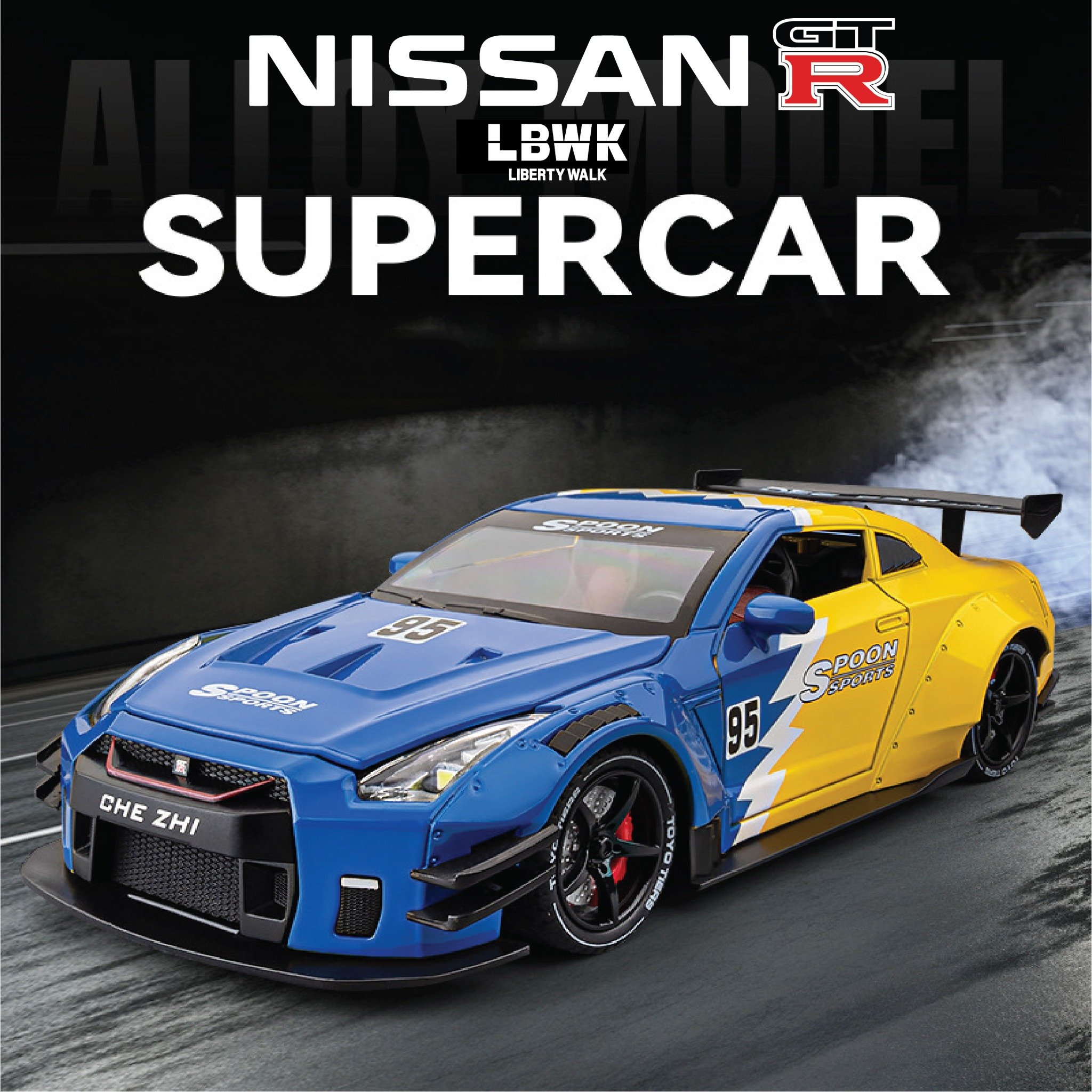  Mô hình xe Nissan GTR R35 Racing full open - phun khói - có đèn - âm thanh tỉ lệ 1:24 Chezhi 1901-412 