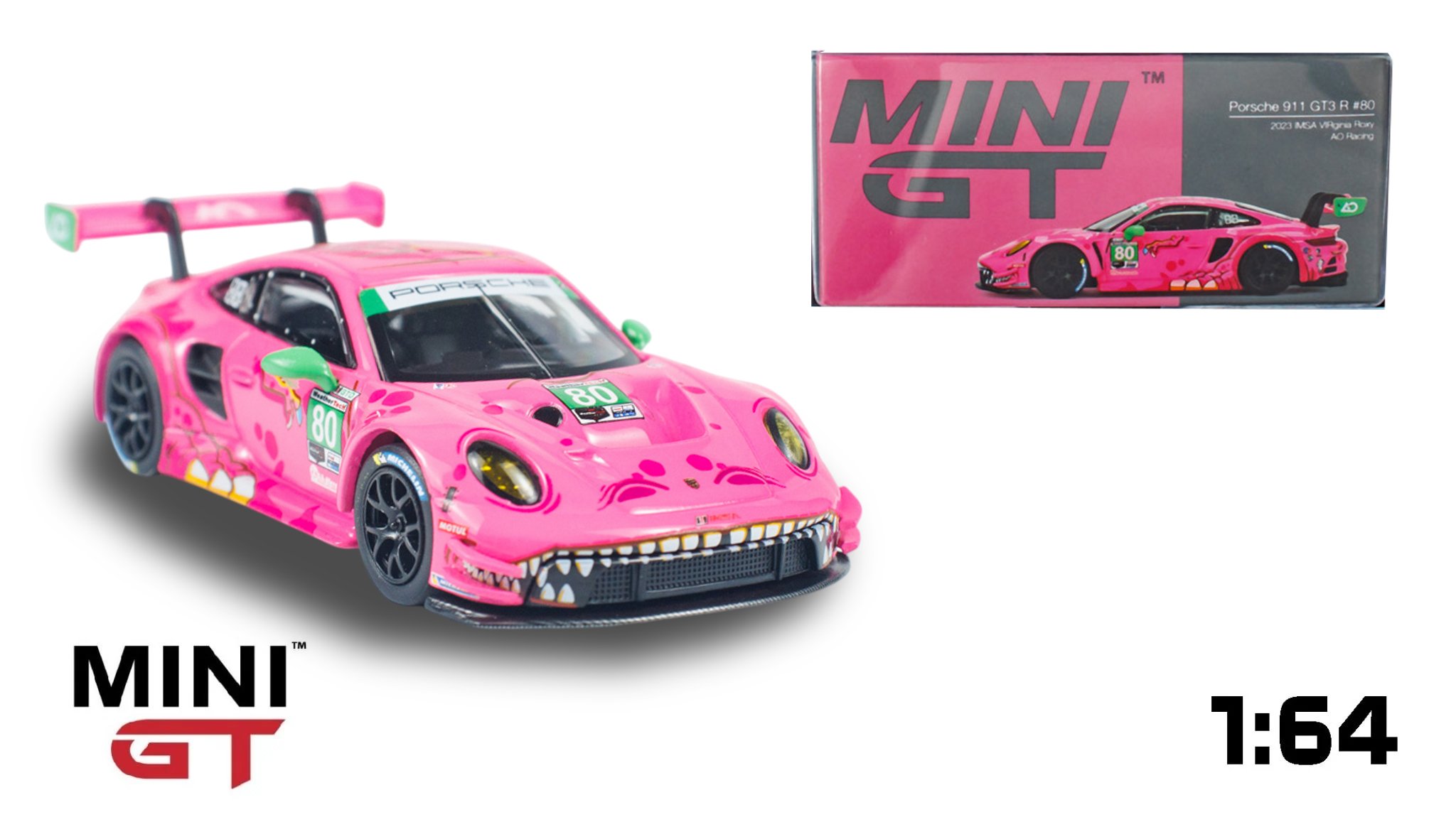  Mô hình xe Porsche 911 GT3 R #80 AO Racing 2023 IMSA VIRginia Roxy tỉ lệ 1:64 MiniGT MGT00872 