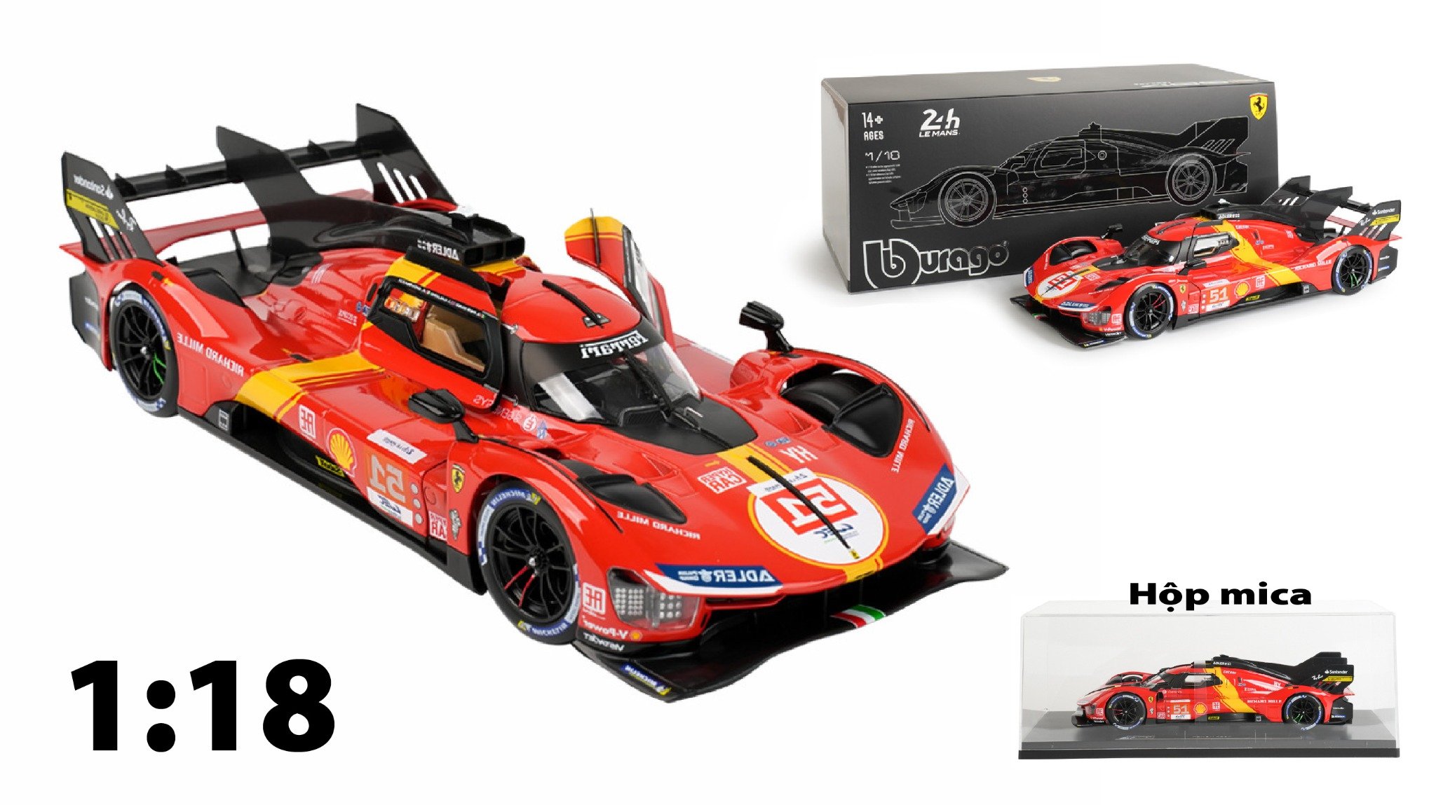  Mô hình xe Ferrari 499P 3.0L turbo V6 team Ferrari Corse #51 có hộp mica tỉ lệ 1:18 Bburago OT554 
