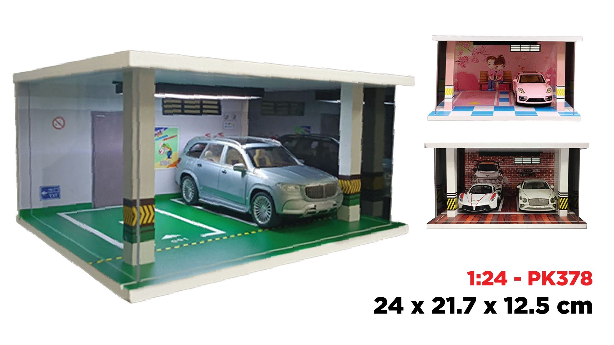  Hộp trưng bày PVC bãi đỗ 2 xe tỉ lệ 1:24 có đèn - có mica 24x21.7x12.5cm PK378 124-2 