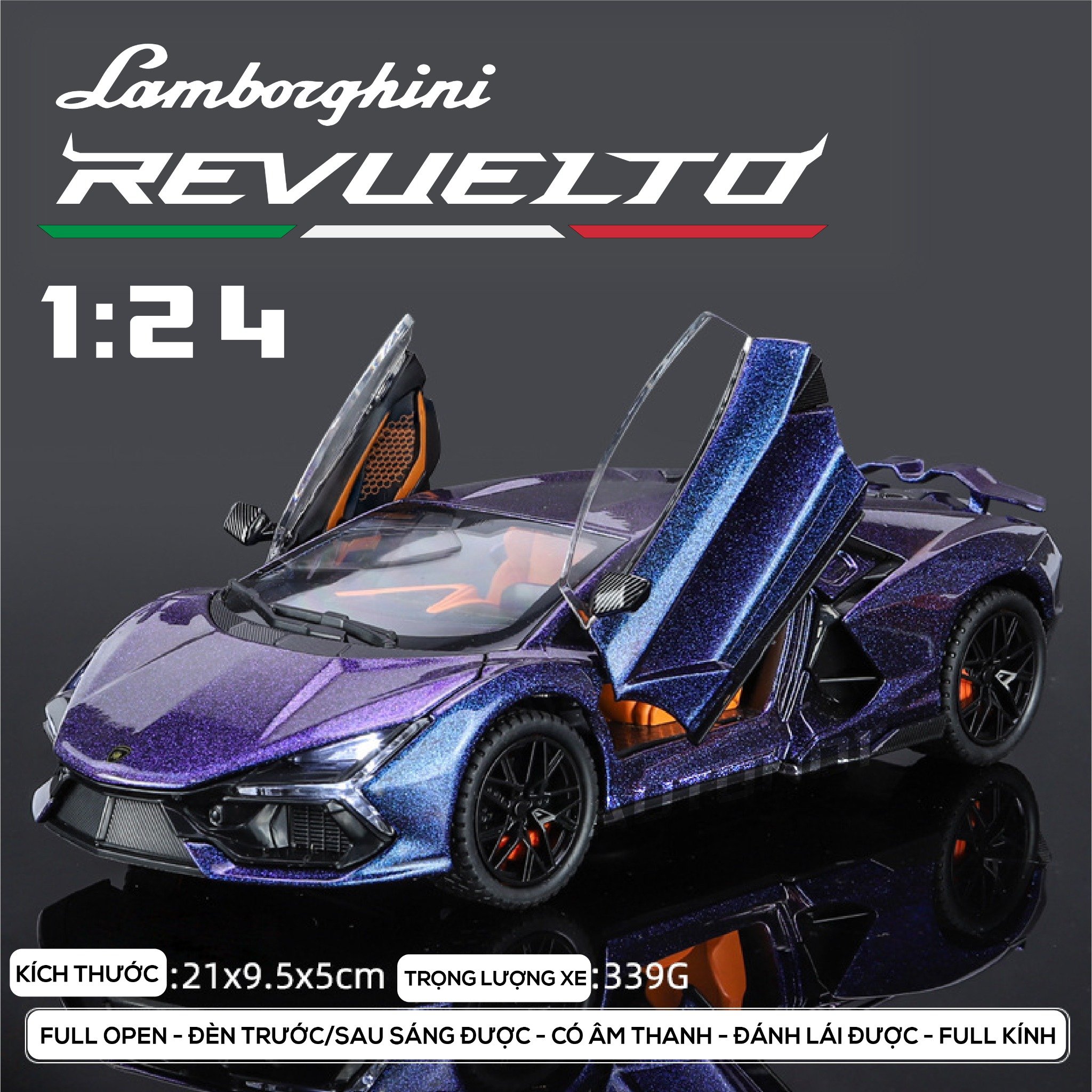  Mô hình Lamborghini Revuelto Hybrid có đèn-đánh lái được-mở full cửa-full kính tỉ lệ 1:24 Alloy Model OT418 