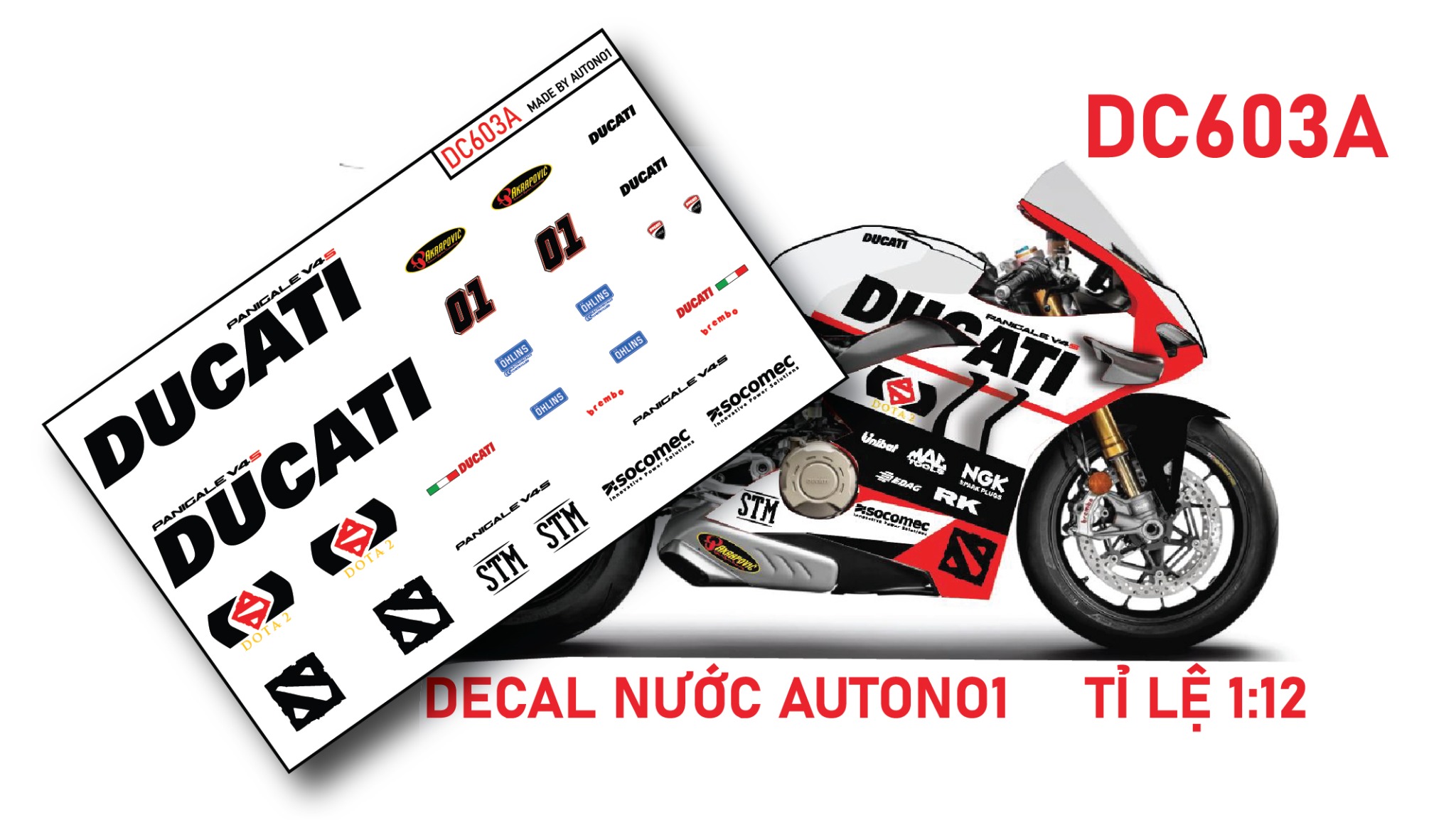  Decal nước độ Ducati Panigale V4S - Game Dota tỉ lệ 1:12 Autono1 DC603a 