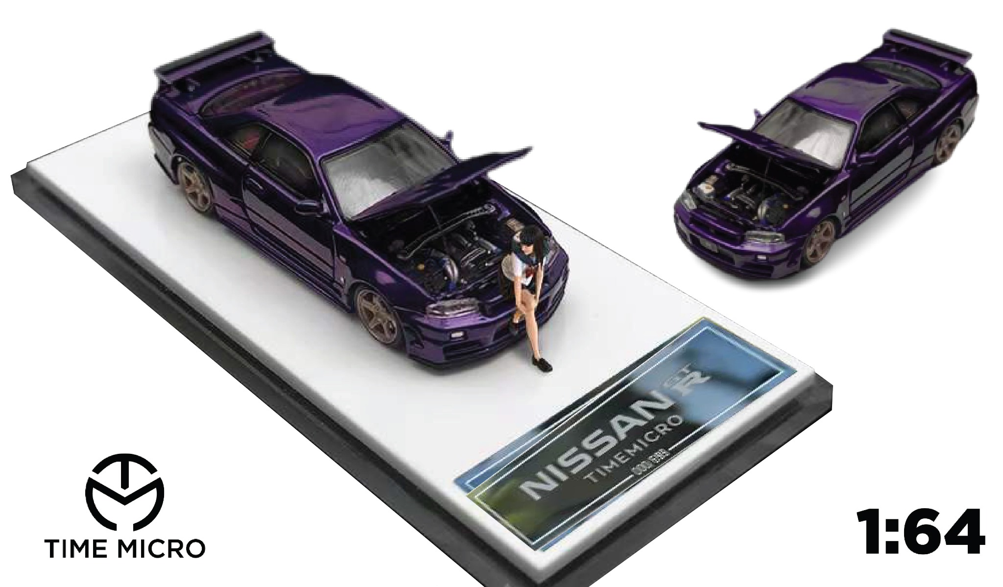  Mô hình xe Nissan GTR34 purple mettalic mở được capo trước tỉ lệ 1:64 Time micro TM643406 