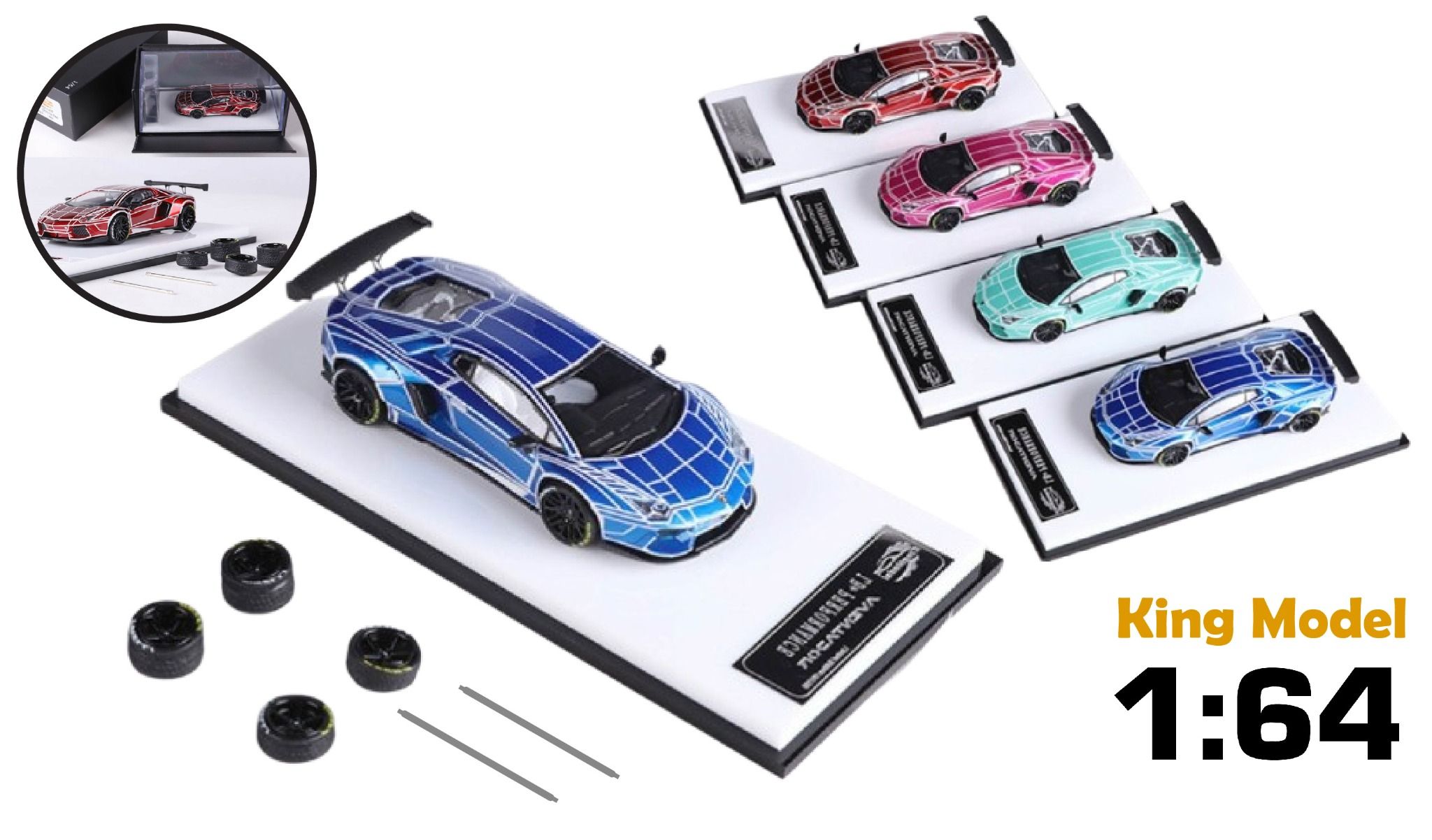 Mô hình xe Lamborghini LP700 Aventador phiên bản cao cấp có bánh phụ hộp và đế mica tỉ lệ 1:64 Demon King Model KM-LP700 