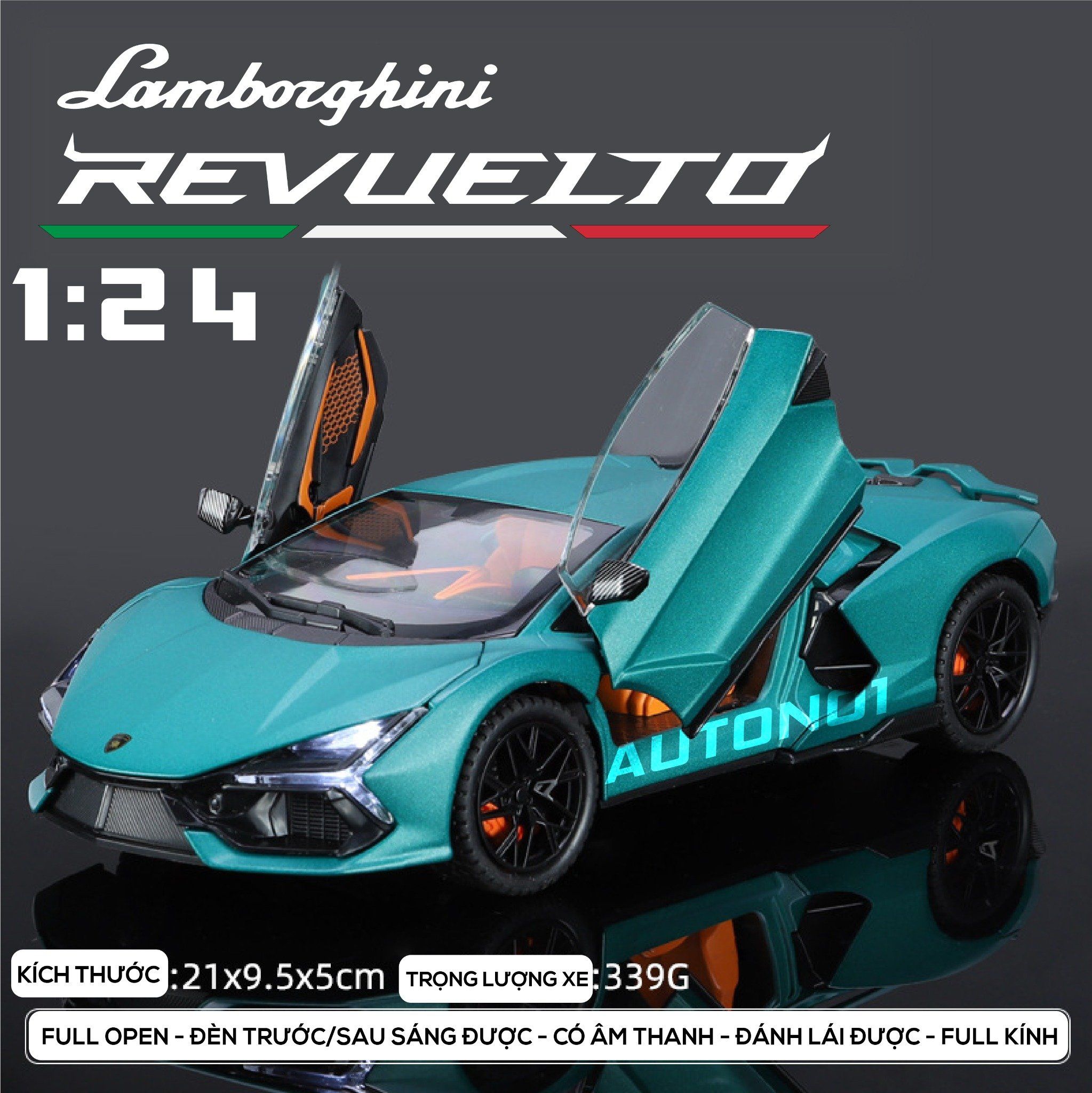  Mô hình Lamborghini Revuelto Hybrid có đèn-đánh lái được-mở full cửa-full kính tỉ lệ 1:24 Alloy Model OT418 