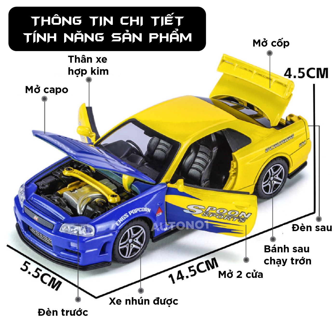  Mô hình xe Nissan GT-R R34 có âm thanh - đèn - full open tỉ lệ 1:32 Chimei model OT459 