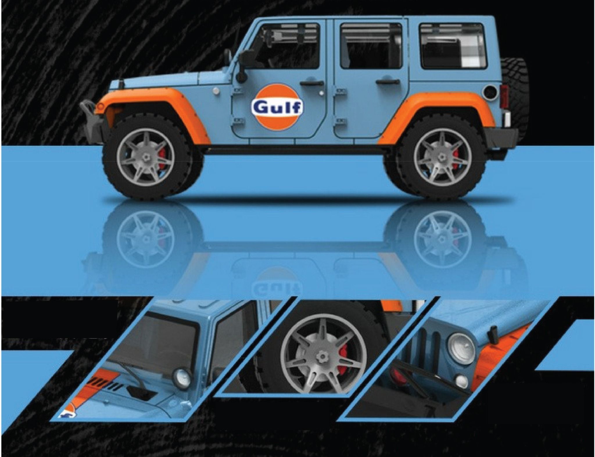  Mô hình xe Jeep Rubicon custom Gulf oil blue orange tỉ lệ 1:64 Time micro 