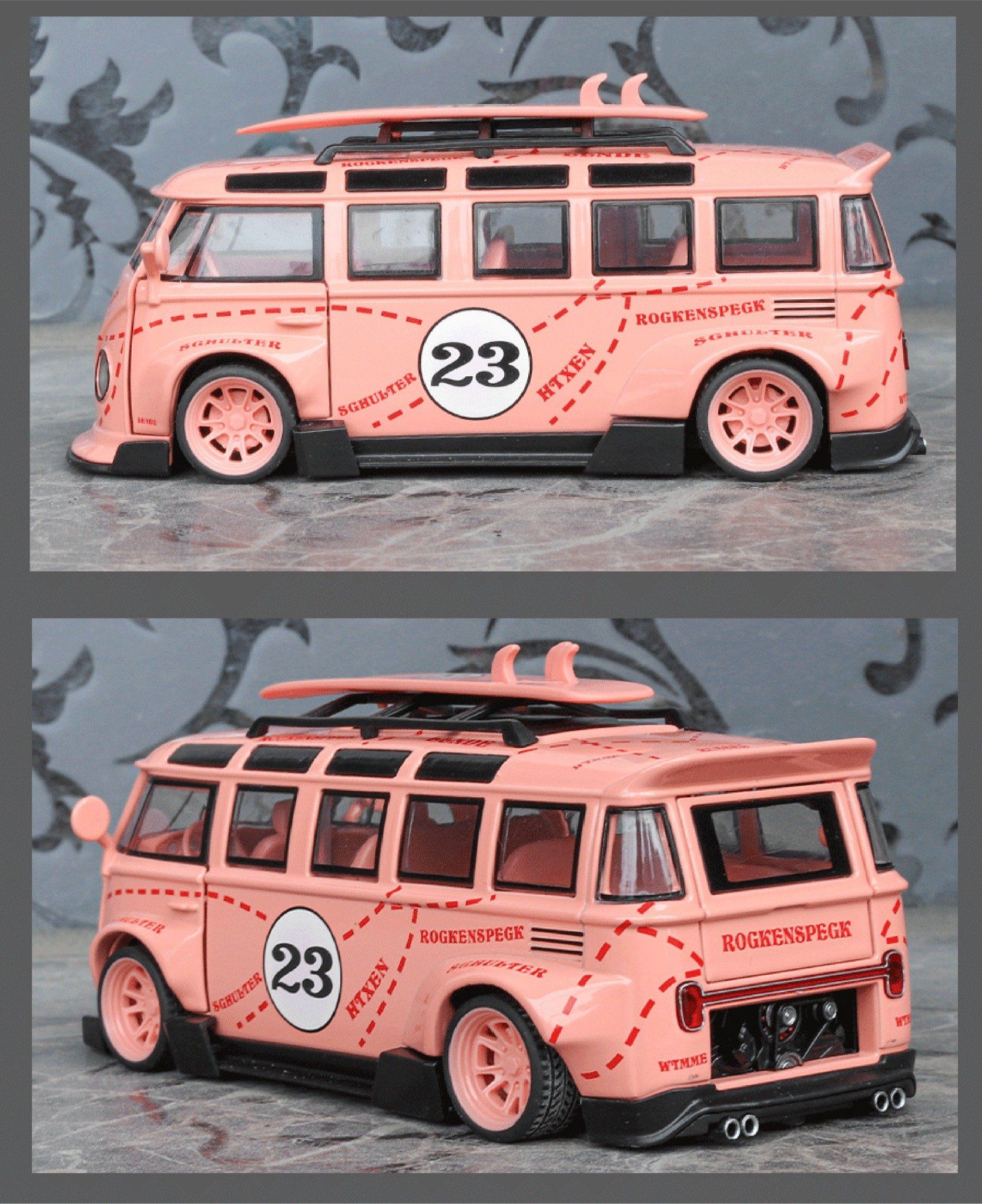  Mô hình xe Volkwagen T1 JDM wipe body Gulf - Martini - Pig Pink full open tỉ lệ 1:32 XHD model OT32019 