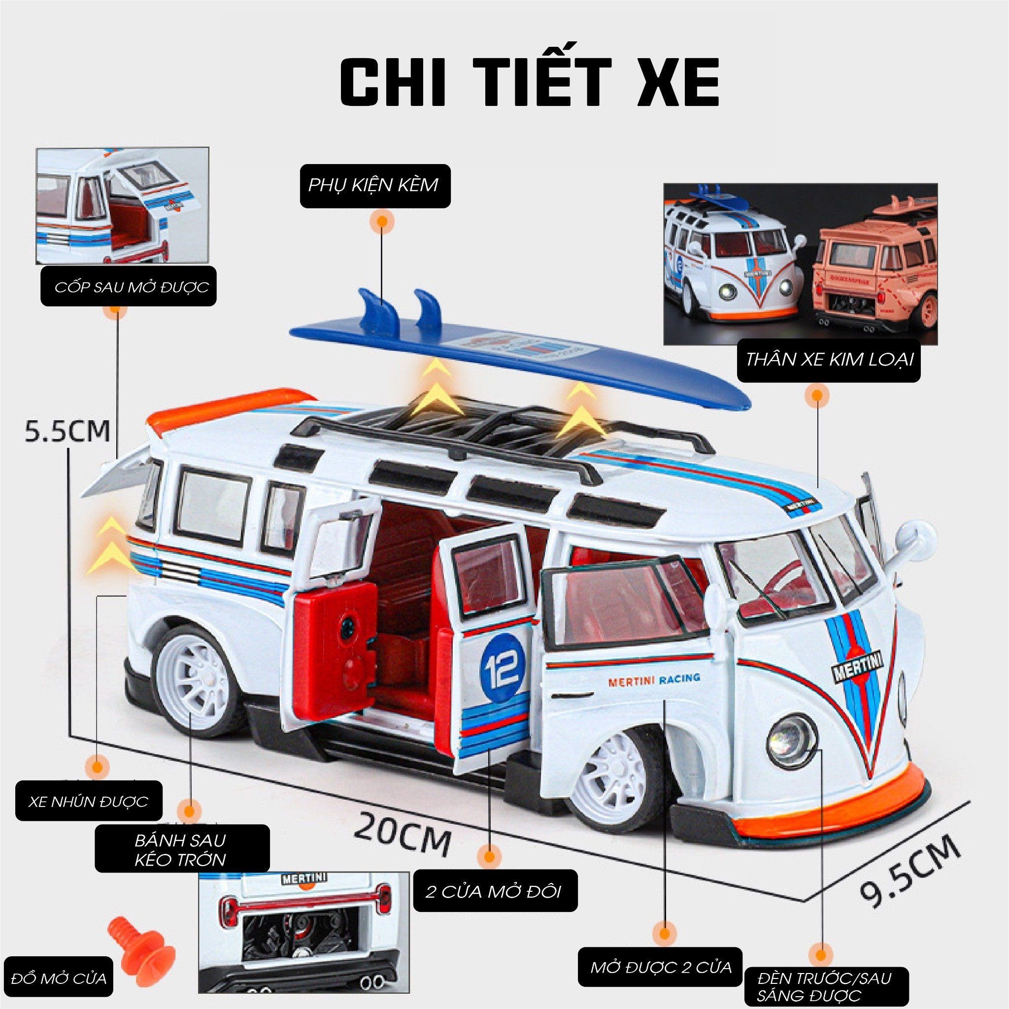  Mô hình xe Volkwagen T1 JDM wipe body Gulf - Martini - Pig Pink full open tỉ lệ 1:32 XHD model OT32019 