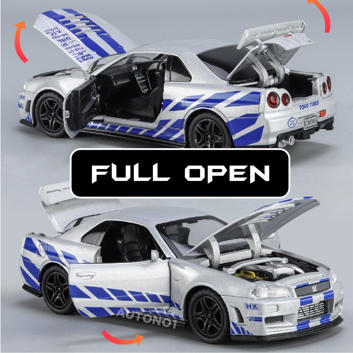  Mô hình xe Nissan GT-R R34 có âm thanh - đèn - full open tỉ lệ 1:32 Chimei model OT459 