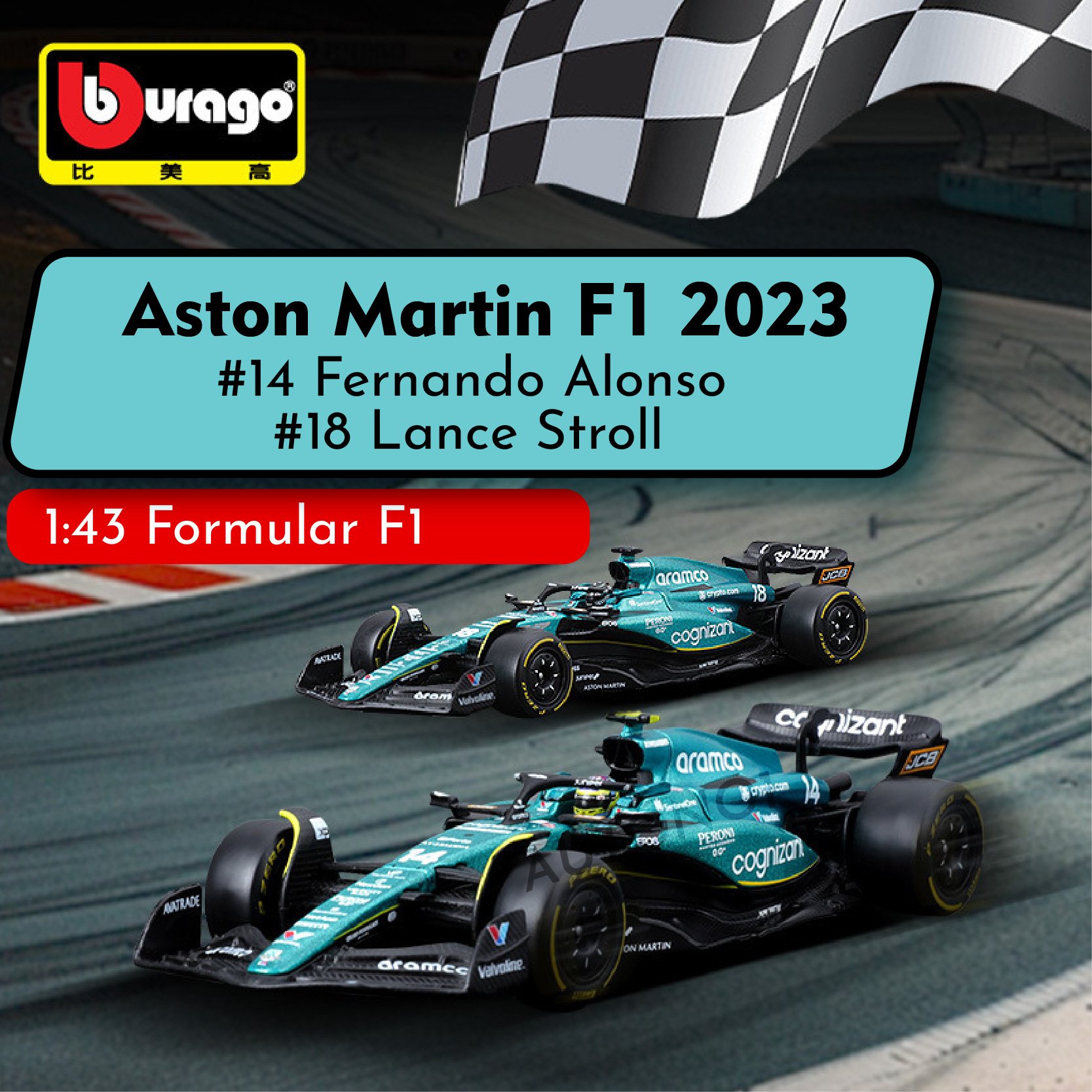  Mô hình xe đua F1 Formula Aston Martin 2023 AMR23 hộp mica có figure tỉ lệ 1:43 Bburago OT43002 18-38091 
