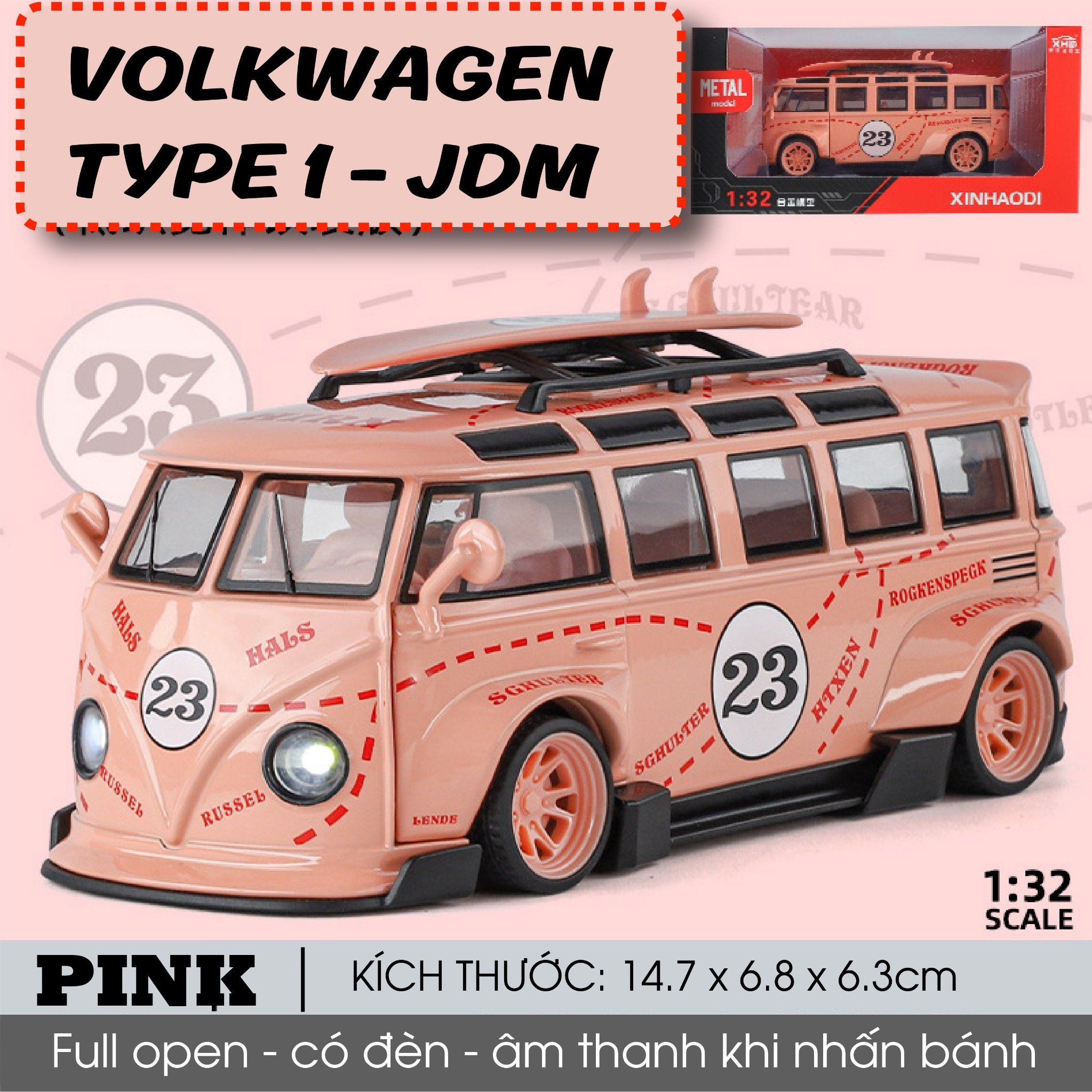  Mô hình xe Volkwagen T1 JDM wipe body Gulf - Martini - Pig Pink full open tỉ lệ 1:32 XHD model OT32019 