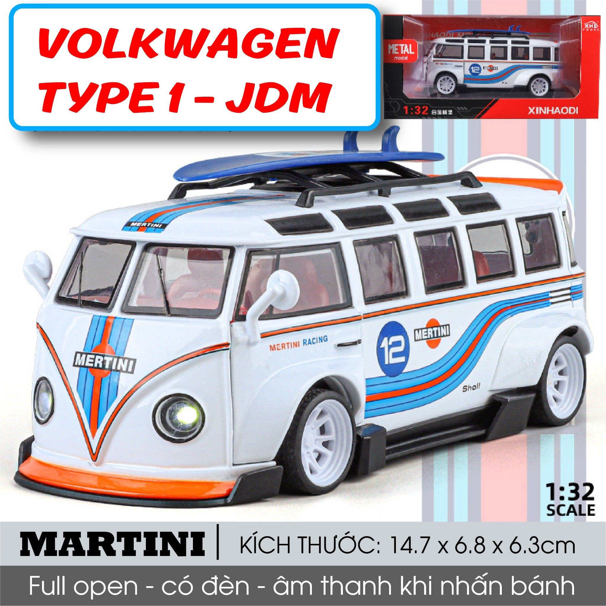  Mô hình xe Volkwagen T1 JDM wipe body Gulf - Martini - Pig Pink full open tỉ lệ 1:32 XHD model OT32019 