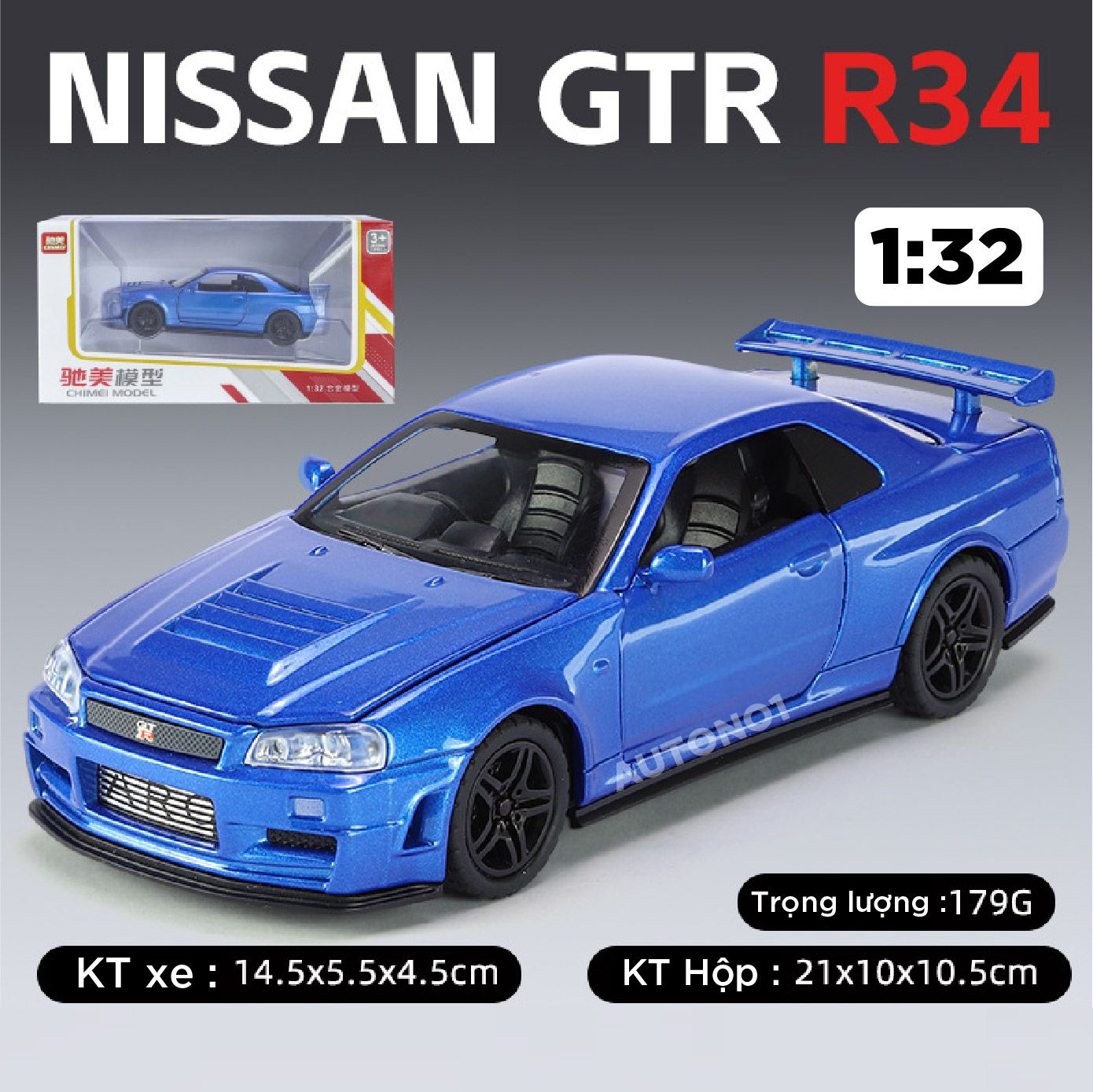  Mô hình xe Nissan GT-R R34 có âm thanh - đèn - full open tỉ lệ 1:32 Chimei model OT459 