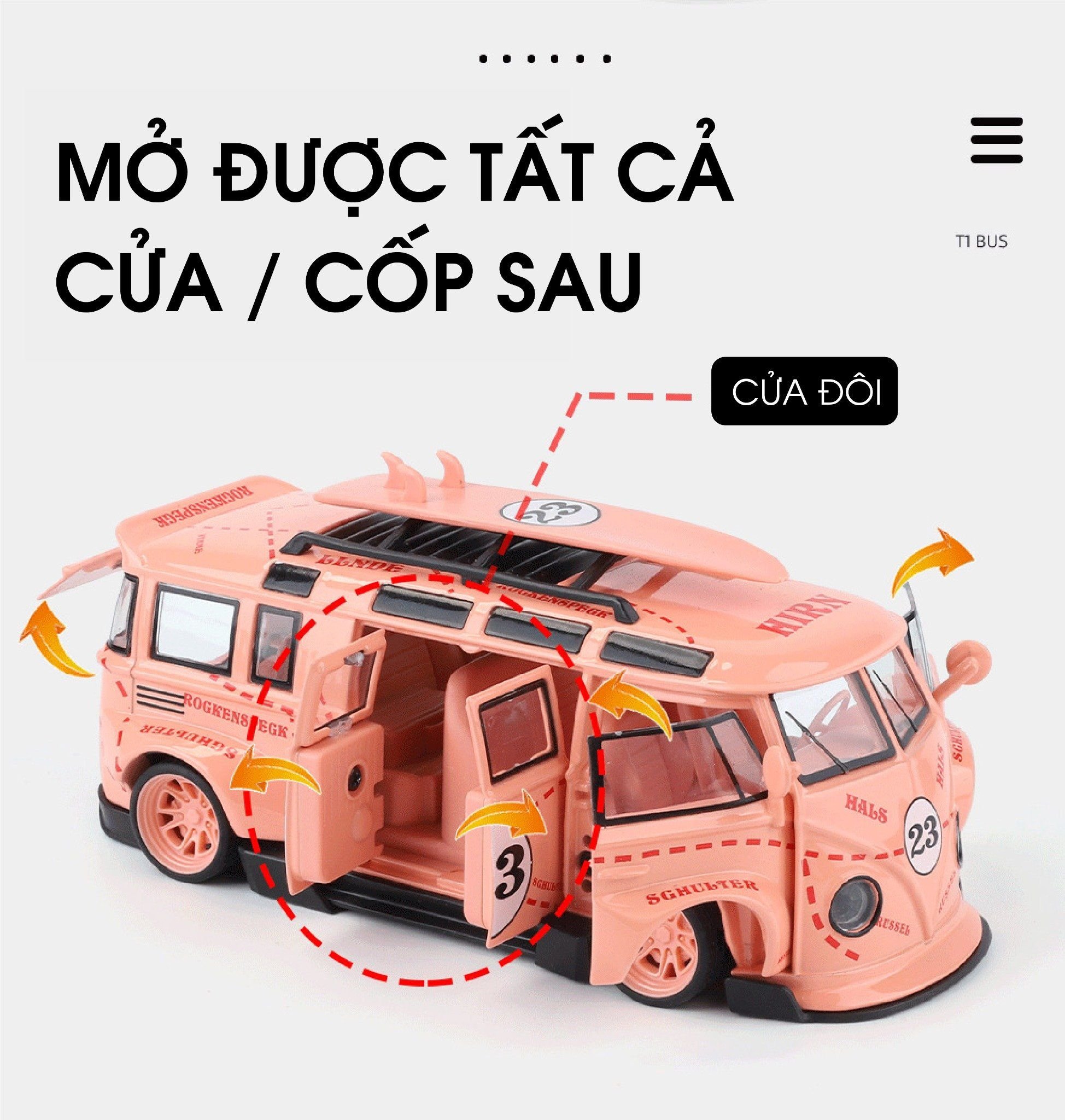  Mô hình xe Volkwagen T1 JDM wipe body Gulf - Martini - Pig Pink full open tỉ lệ 1:32 XHD model OT32019 