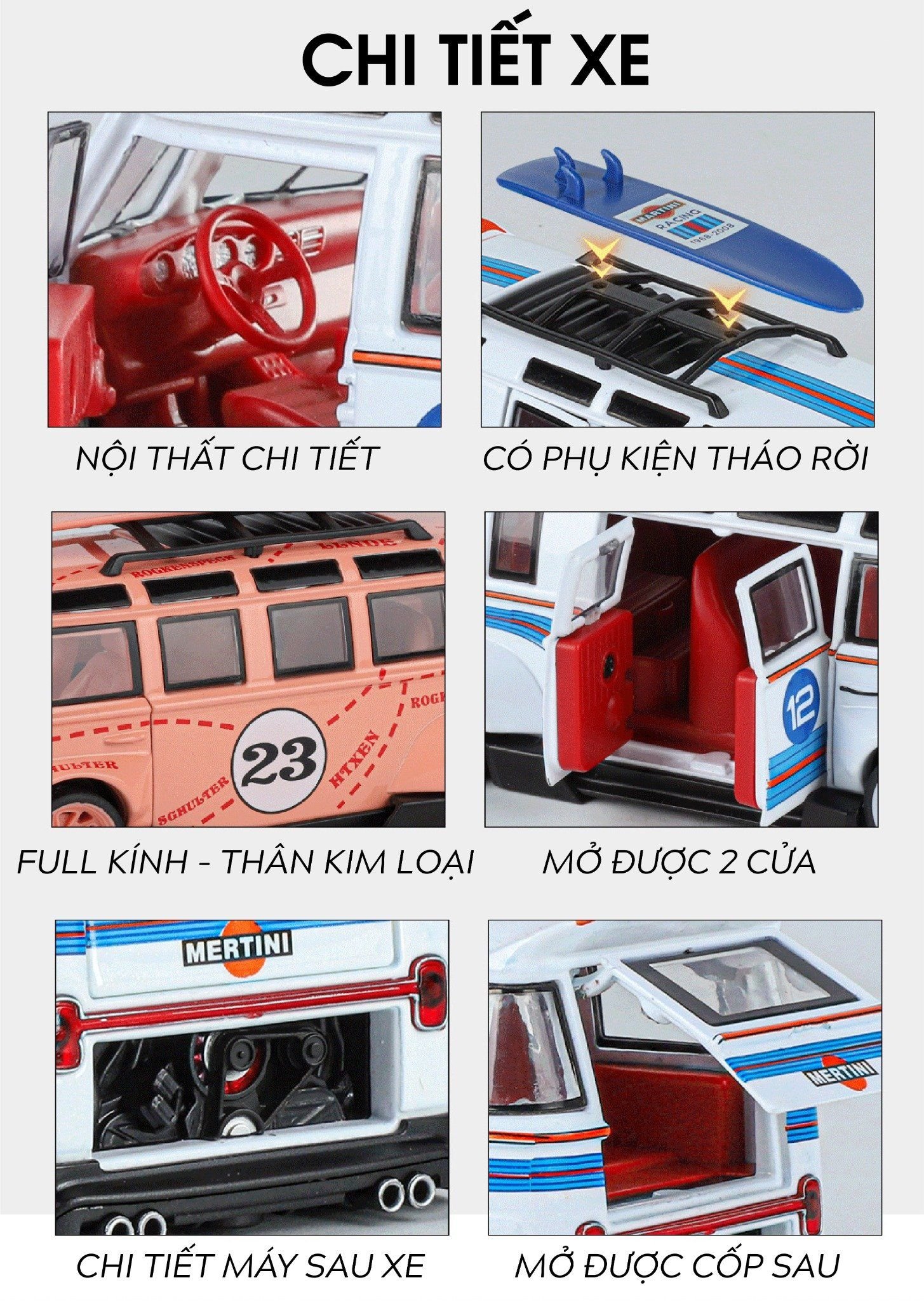  Mô hình xe Volkwagen T1 JDM wipe body Gulf - Martini - Pig Pink full open tỉ lệ 1:32 XHD model OT32019 
