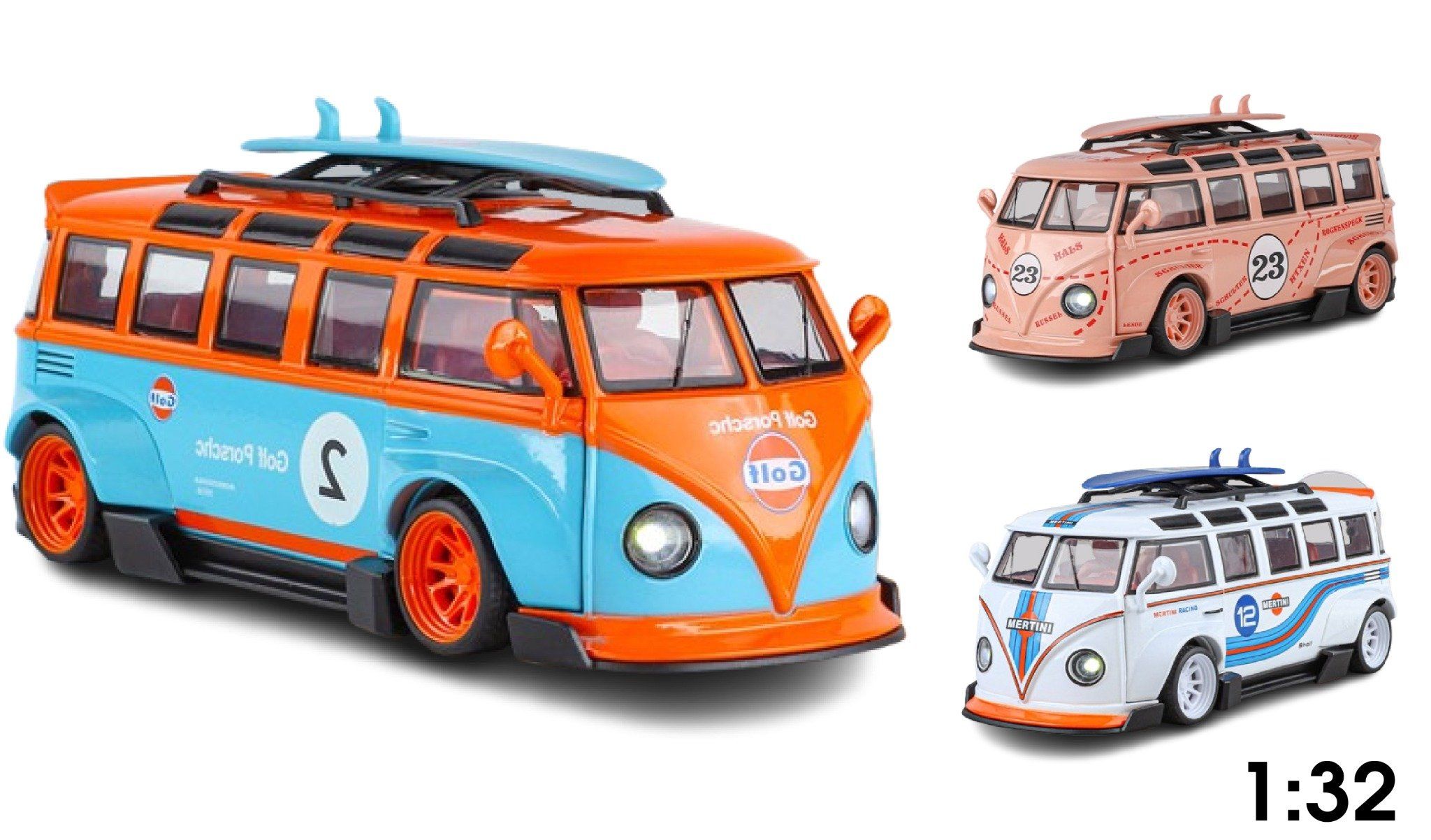  Mô hình xe Volkwagen T1 JDM wipe body Gulf - Martini - Pig Pink full open tỉ lệ 1:32 XHD model OT32019 